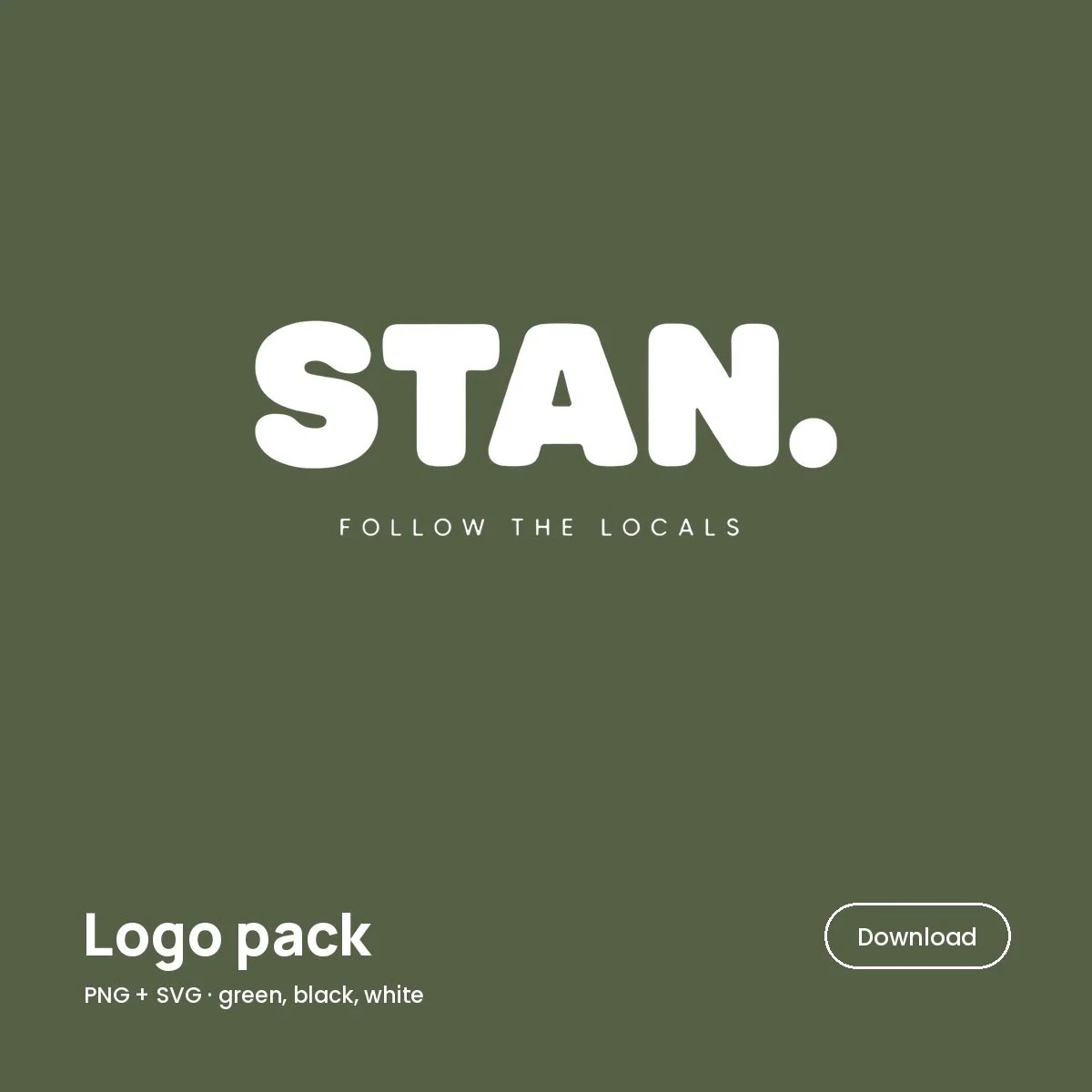 Promotional graphic for a logo pack featuring the word 'STAN.' in large white font with a tagline 'Follow the locals' underneath on a green background. Includes a 'Download' button and text indicating the logo pack includes PNG and SVG files in green