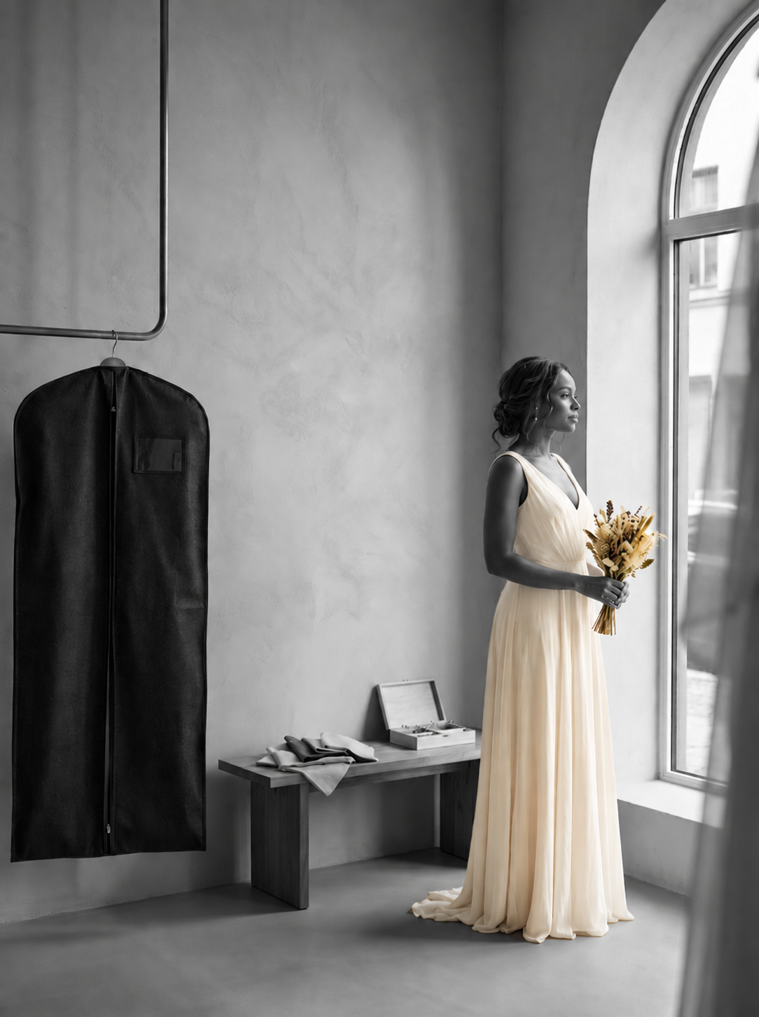 A woman in a long, light-colored dress holding a bouquet of flowers stands by a large window, with a black garment bag hanging on the wall and a small bench with gloves and a box nearby.