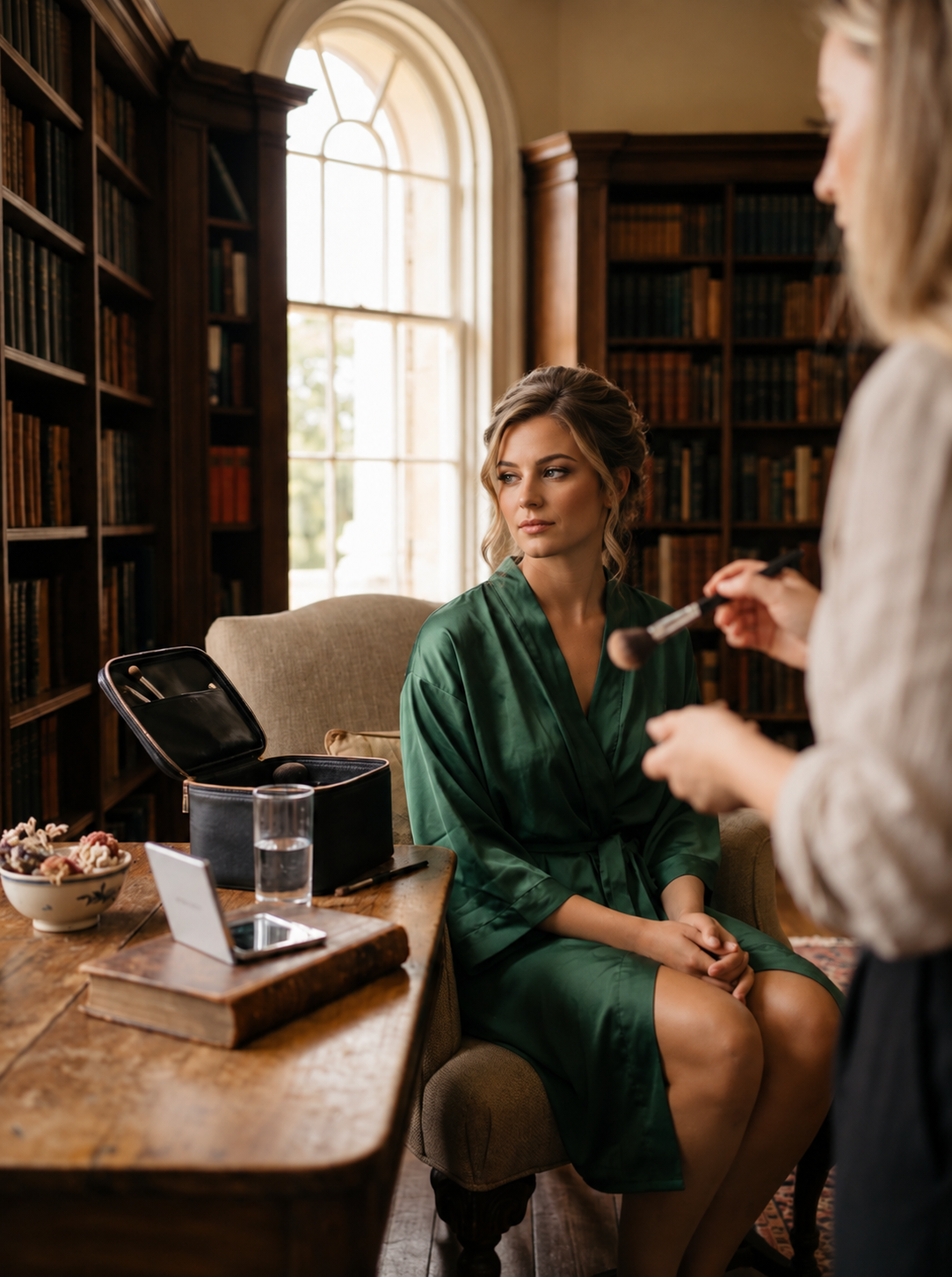 A woman in a green silk robe sits in a library room, while a makeup artist applies makeup to her face.