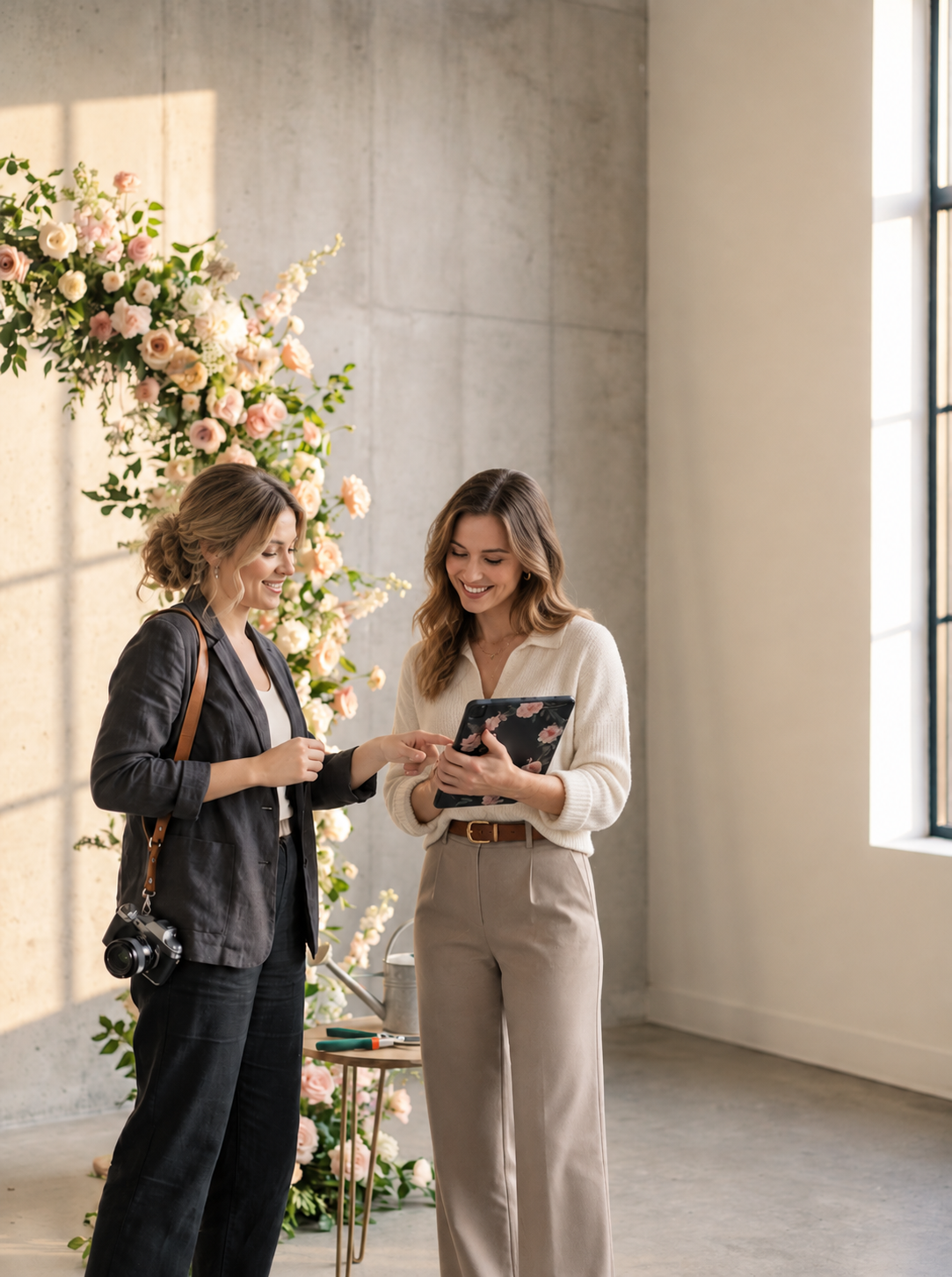 Two women smiling and looking at a tablet, standing near a flower arrangement in a bright, modern indoor space.