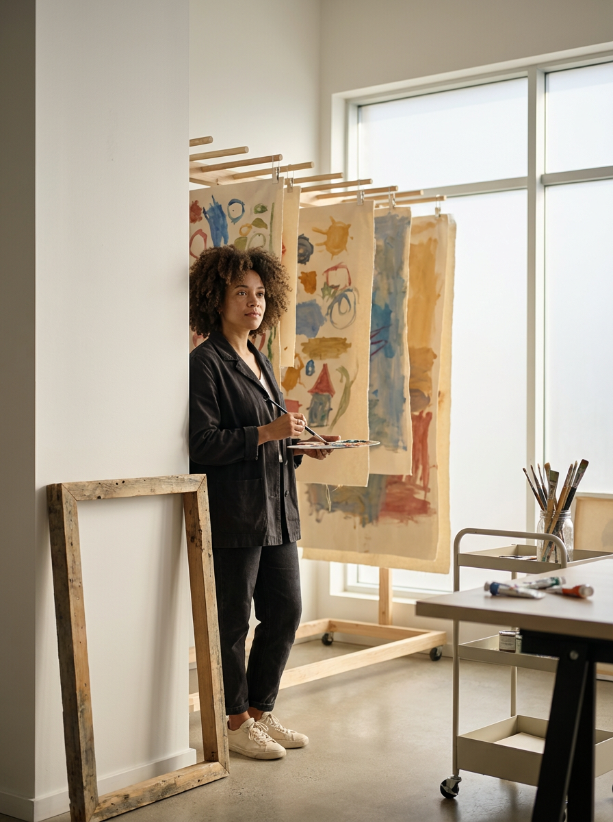 A woman stands in an art studio, leaning against a white wall, holding a palette and paintbrush. Behind her, there are colorful abstract paintings hanging on a wooden rod, and art supplies are visible on a cart and table.