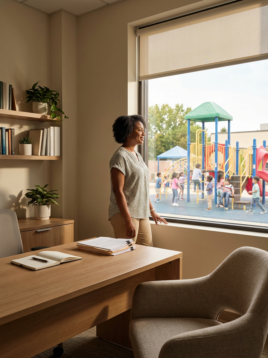 A woman standing in an office looking out the window at a playground with children playing.