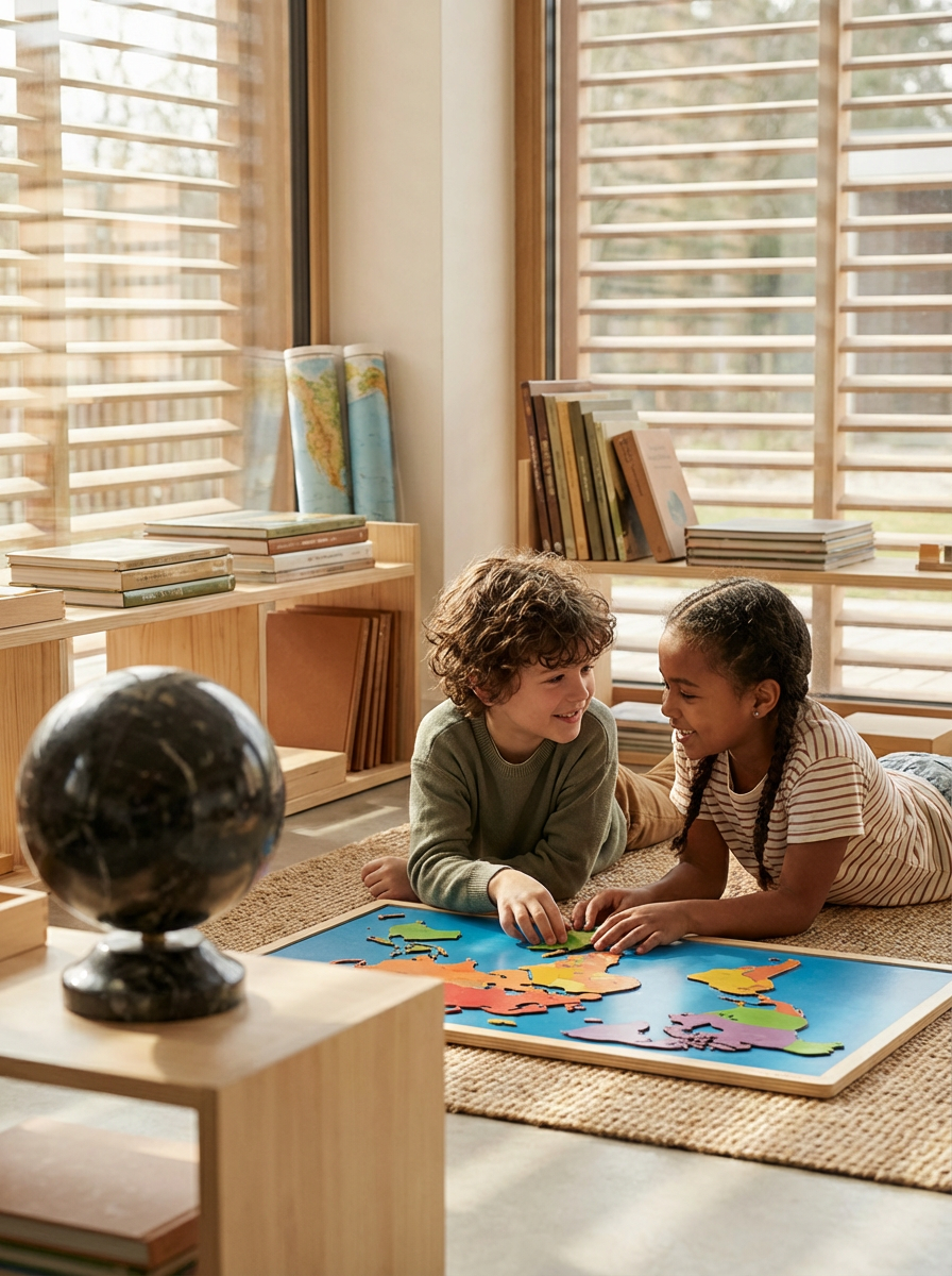 Two children smiling while assembling a colorful world map puzzle on the floor of a bright room with wooden shelves and large windows.