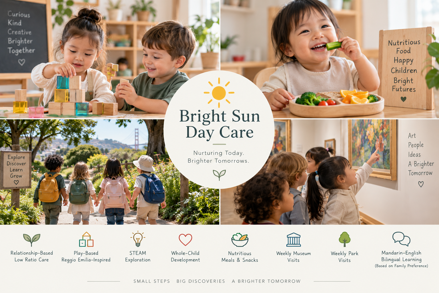 A brochure for Bright Sun Day Care showing children engaging in various activities, including playing with building blocks, eating healthy food, exploring outdoors, and viewing artwork in a gallery; emphasizing nurturing, exploration, education, and outdoor activities.