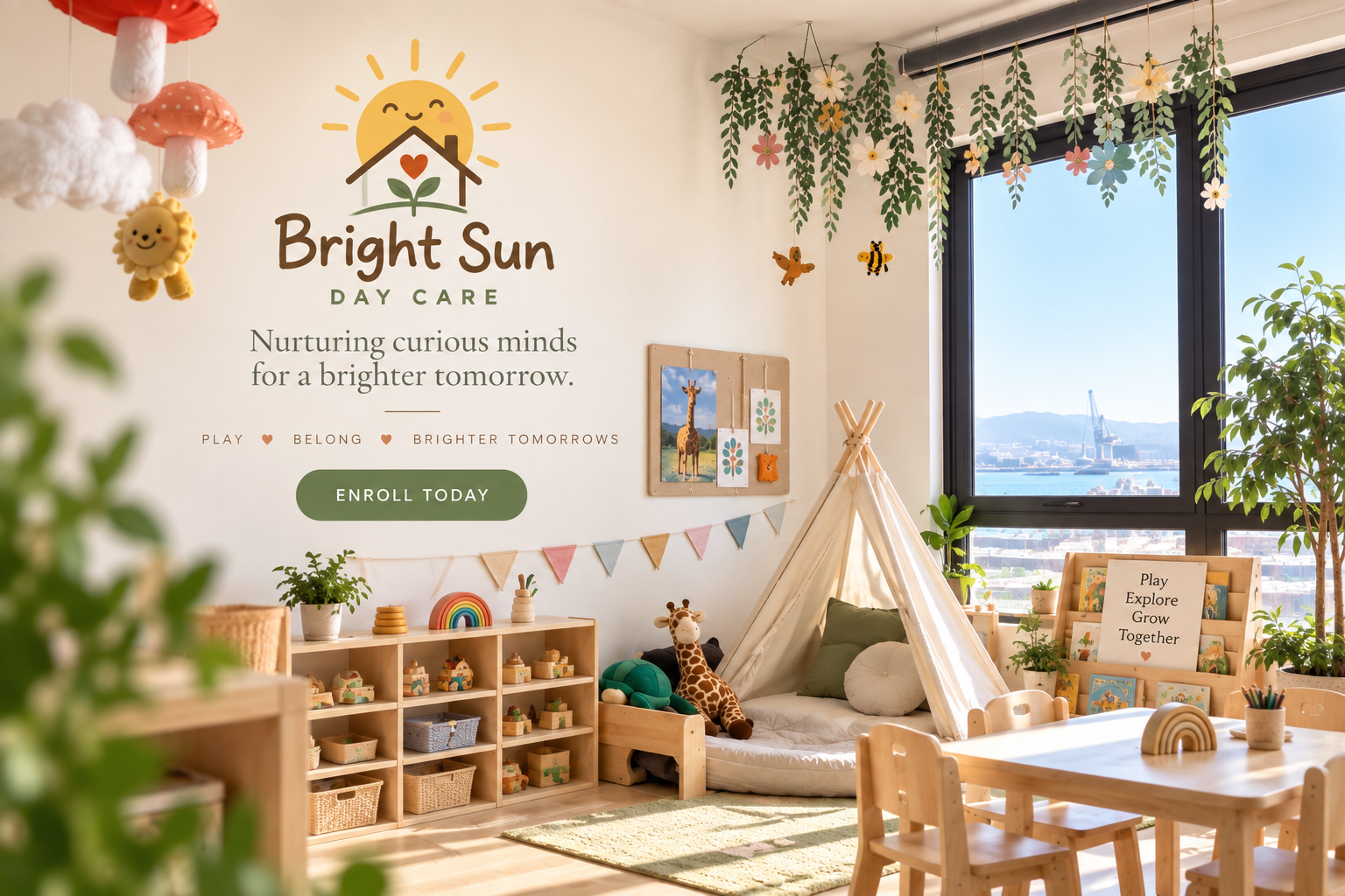 Bright Sun Day Care nursery with toys, plants, and decor, featuring a tent, stuffed giraffe, and educational signs, with large windows overlooking cityscape.