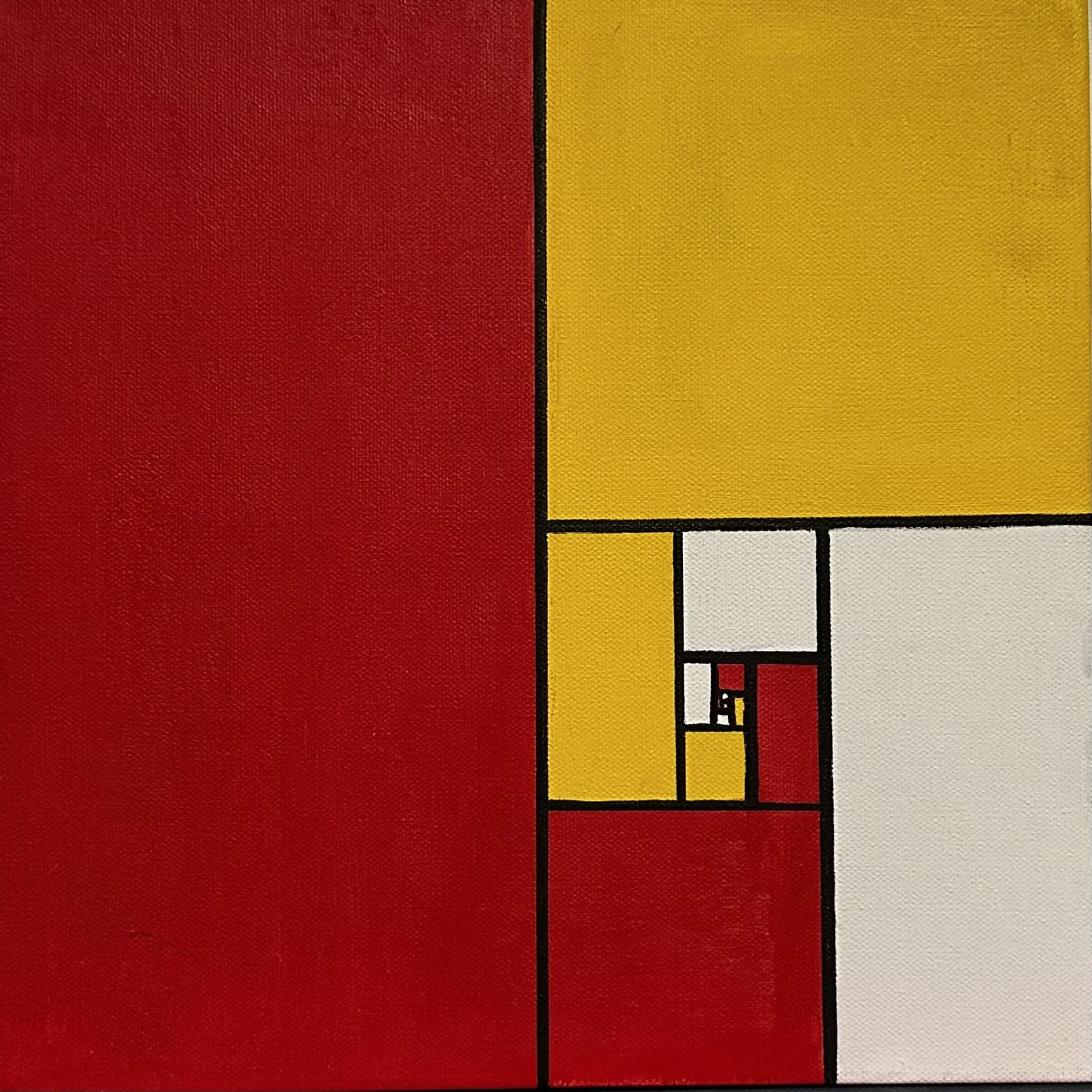 Close-up of a painting featuring abstract shapes with a red section on the left, a yellow section in the middle, outlined in black, and a white section at the bottom right.