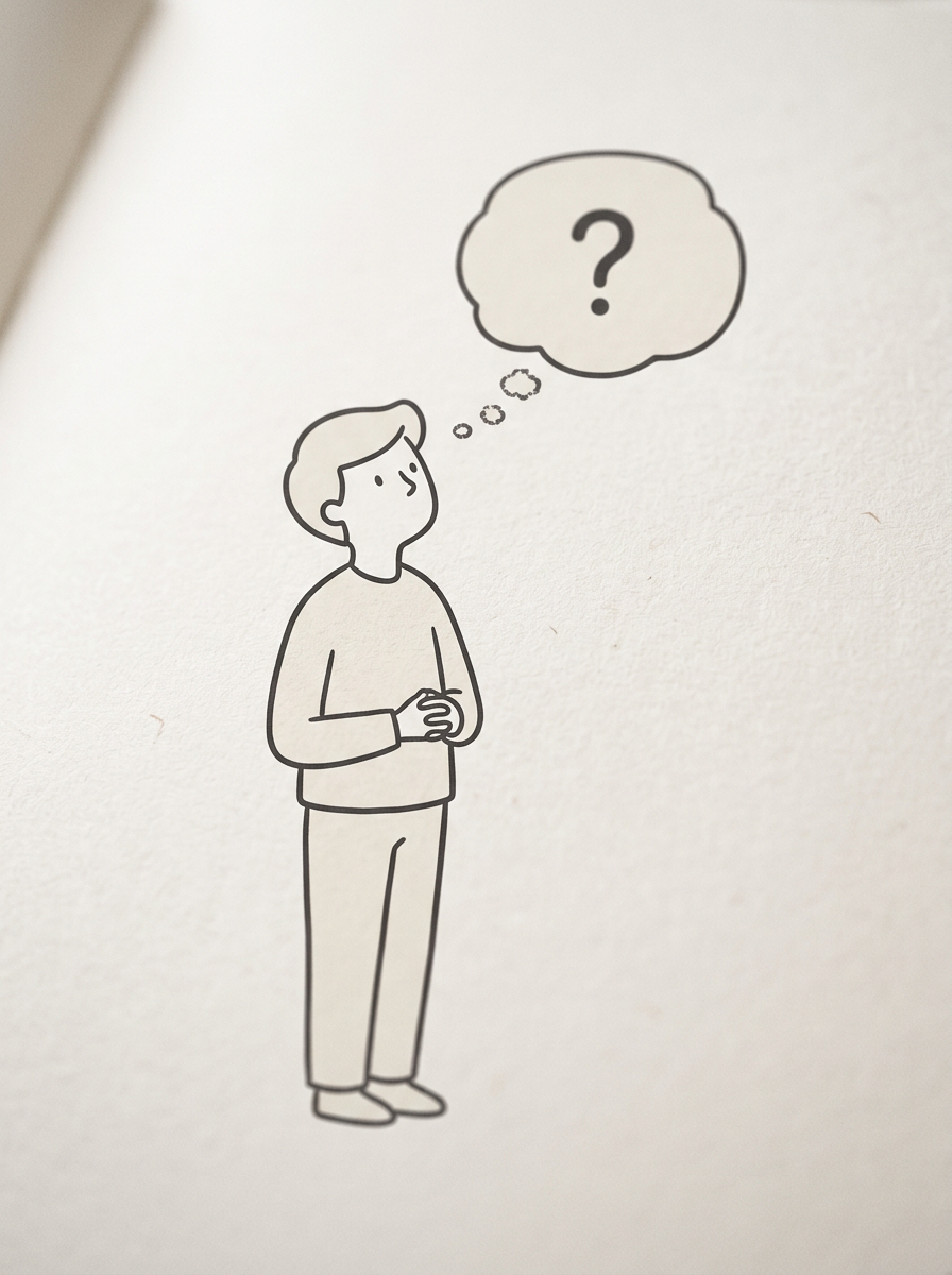 A simple black and white line drawing of a person with short hair, standing with hands clasped, looking up with a thoughtful expression. There is a thought bubble above their head containing a question mark.