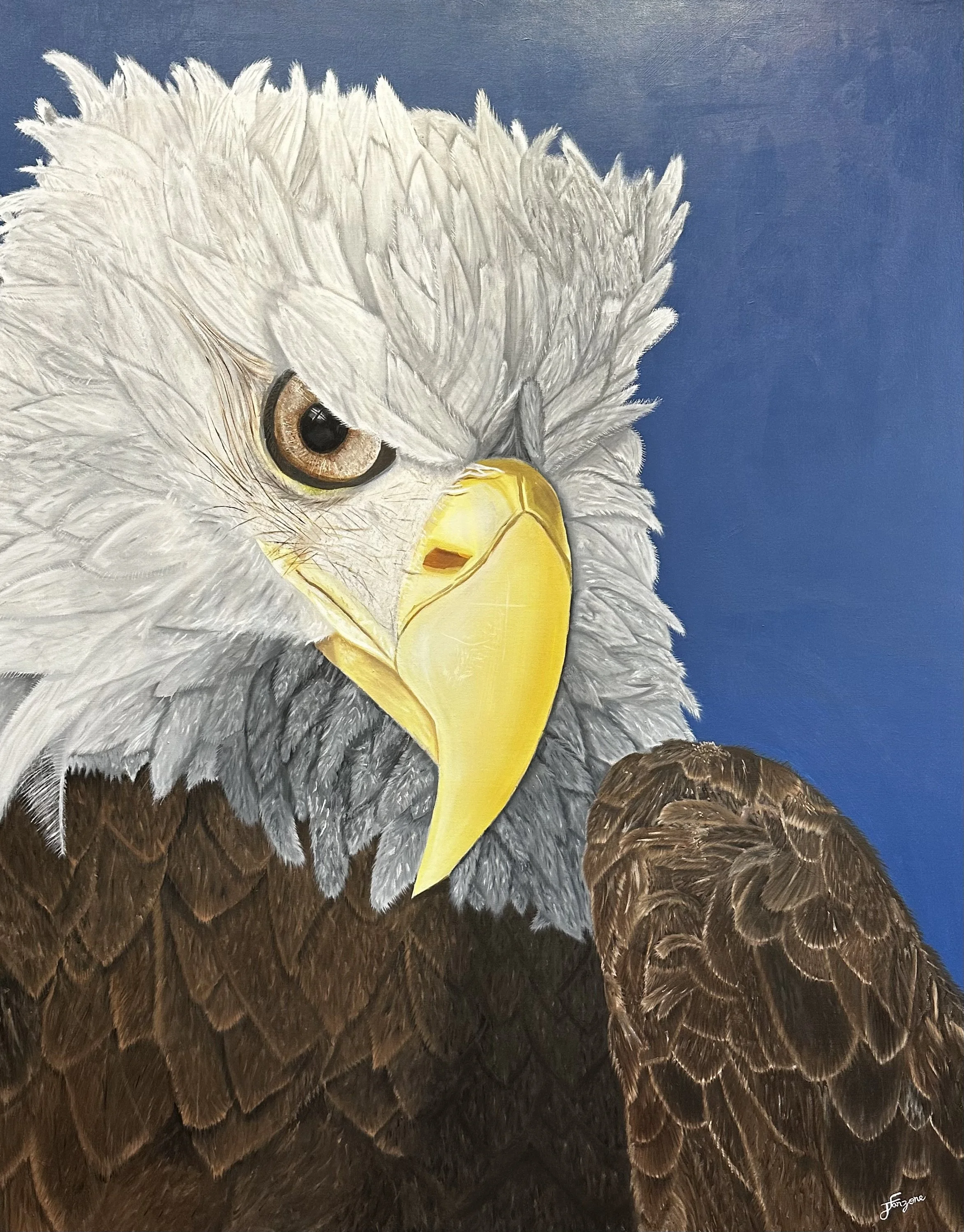 Close-up painting of an eagle's face with brown and white feathers, sharp yellow beak, against a blue background.