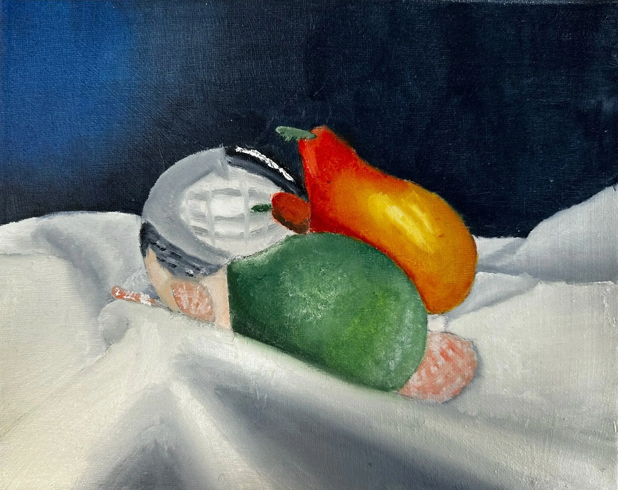 Still life acrylic painting of a green apple, orange, and watermelon with a white ceramic container on a wooden surface against a dark background.