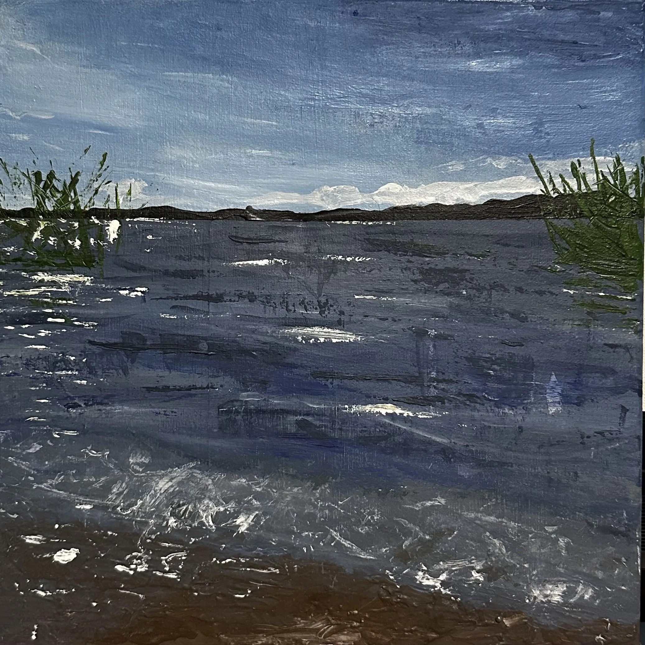 Painting of a landscape with a water body, mountains in the background, and a sky with clouds, done in bold brush strokes.
