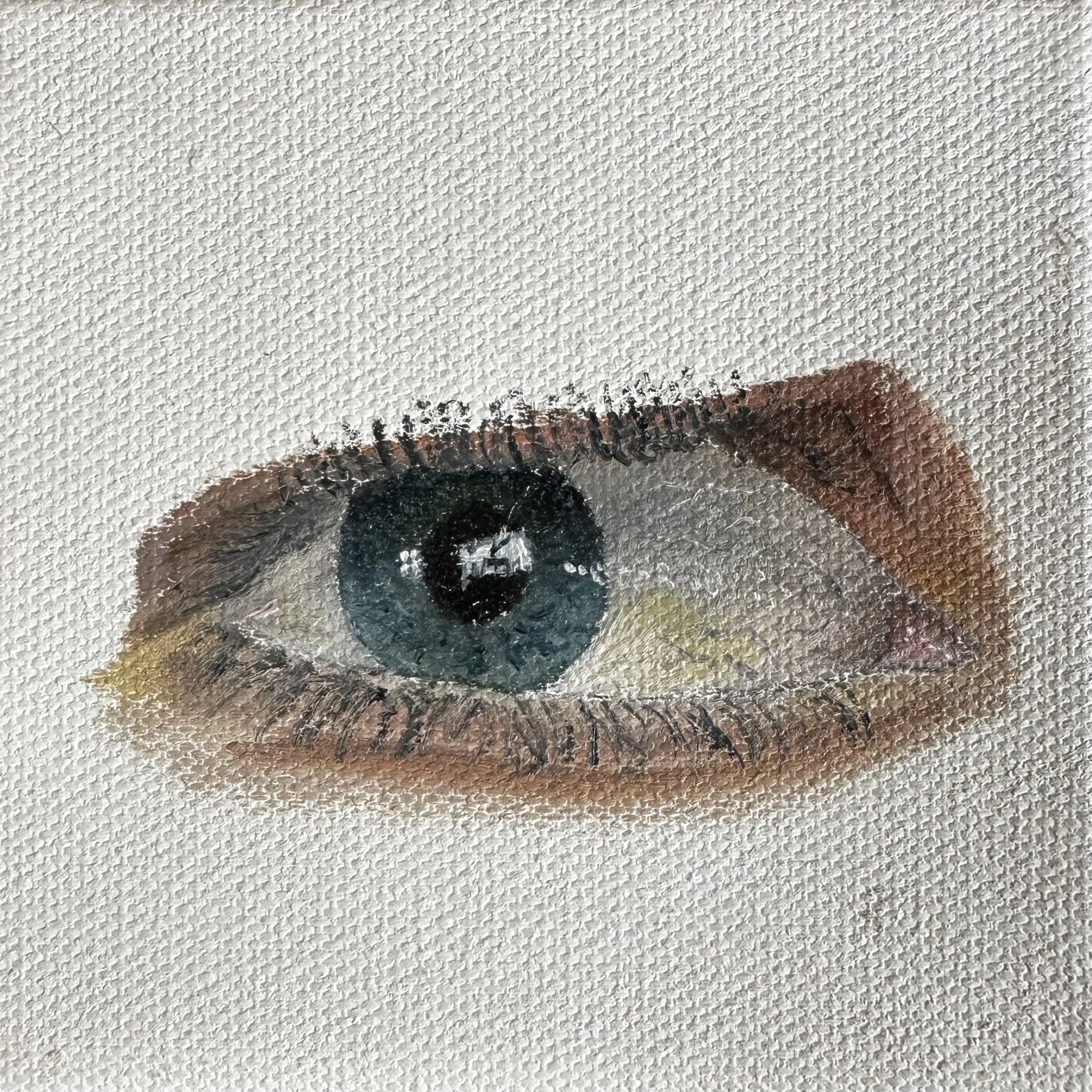 Close-up of an eye with detailed eyelashes and brown and greenish iris, textured background.
