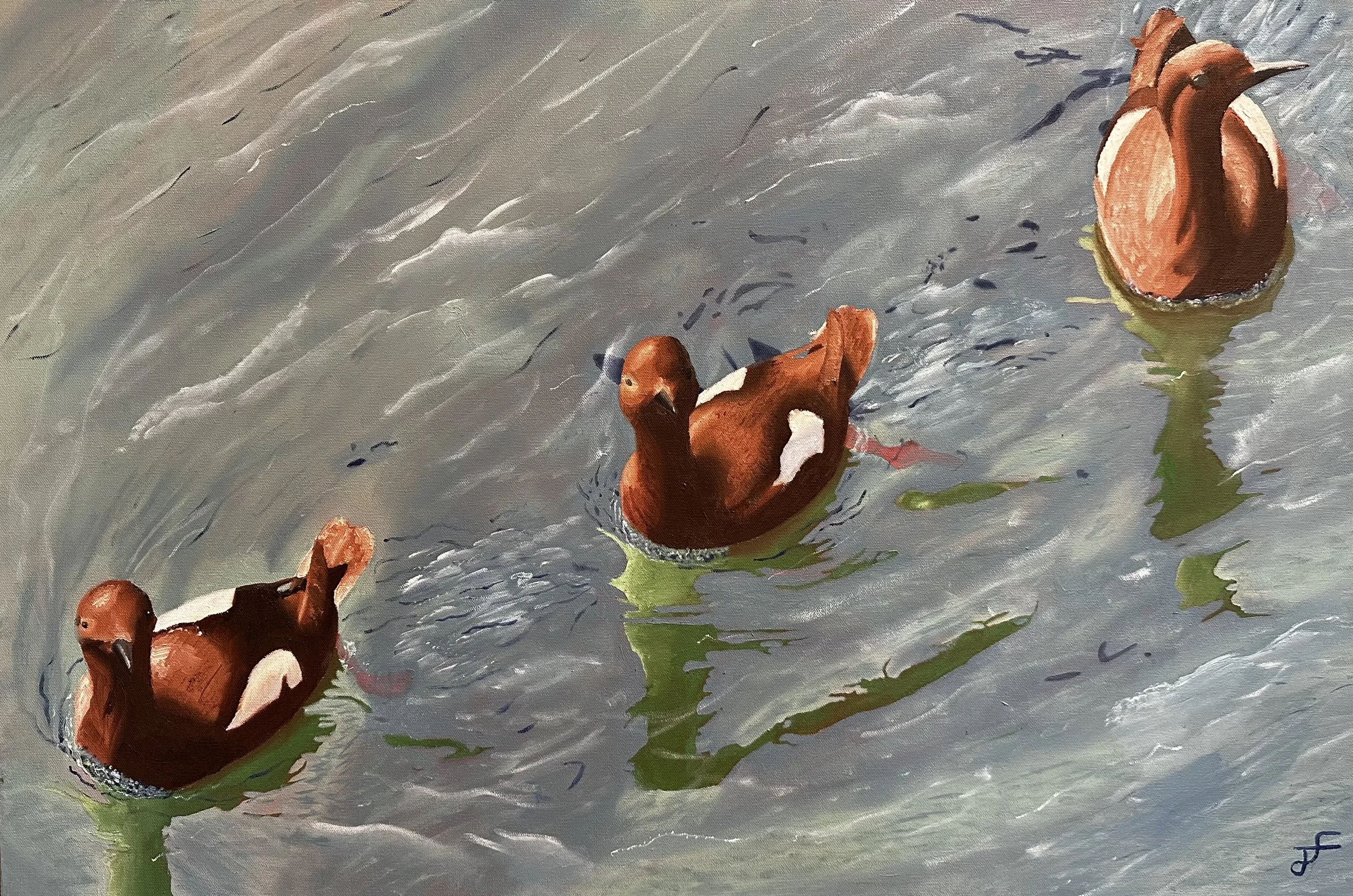 Painting of brown ducklings swimming in water with green lily pads.