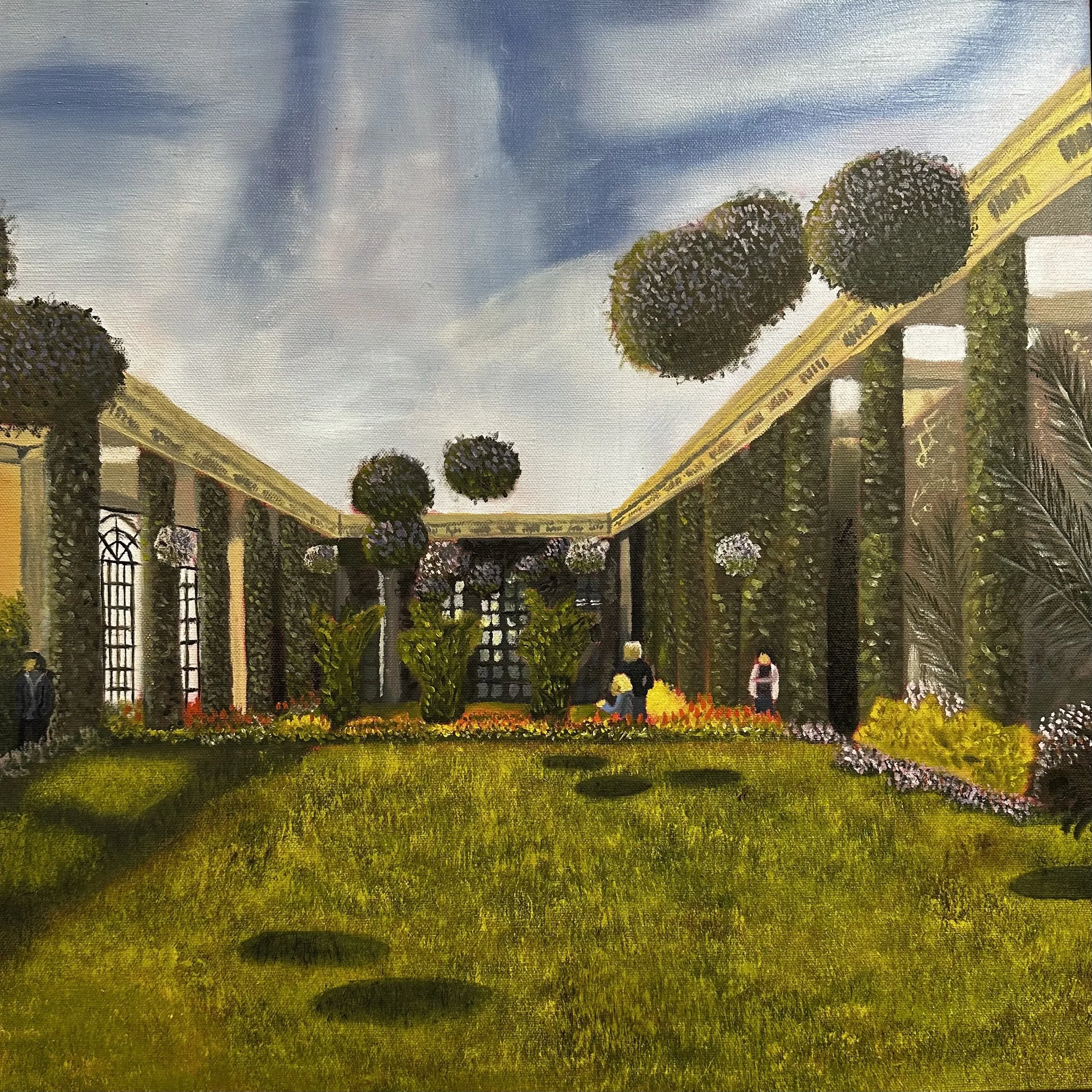 A mural with a garden scene, including flowers, trees, a yellow gazebo, and small figures, under a cloudy sky.