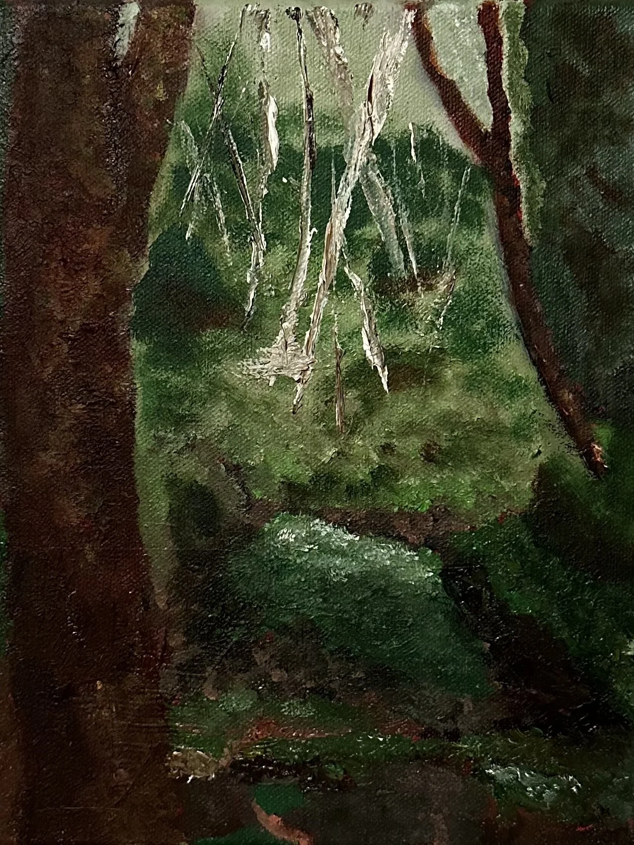 A close-up painting of a spider web in a green, forested area with trees and foliage.