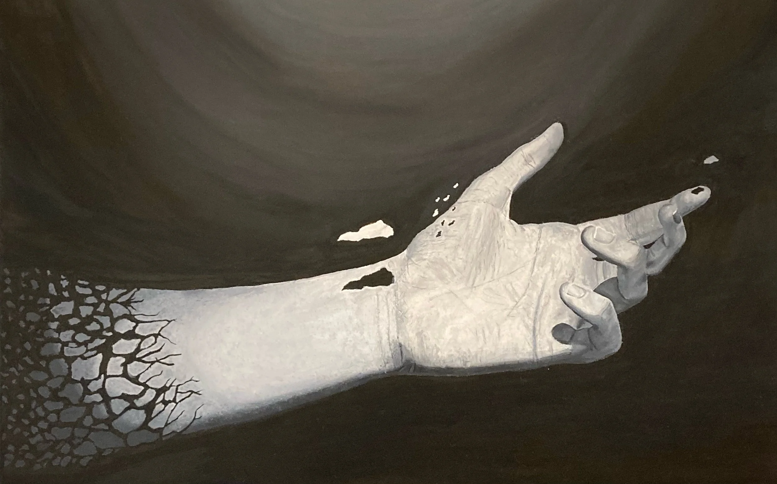A black and white drawing featuring a hand with extended index finger and thumb, positioned against a dark background with a partially visible leafless tree in the lower left corner.