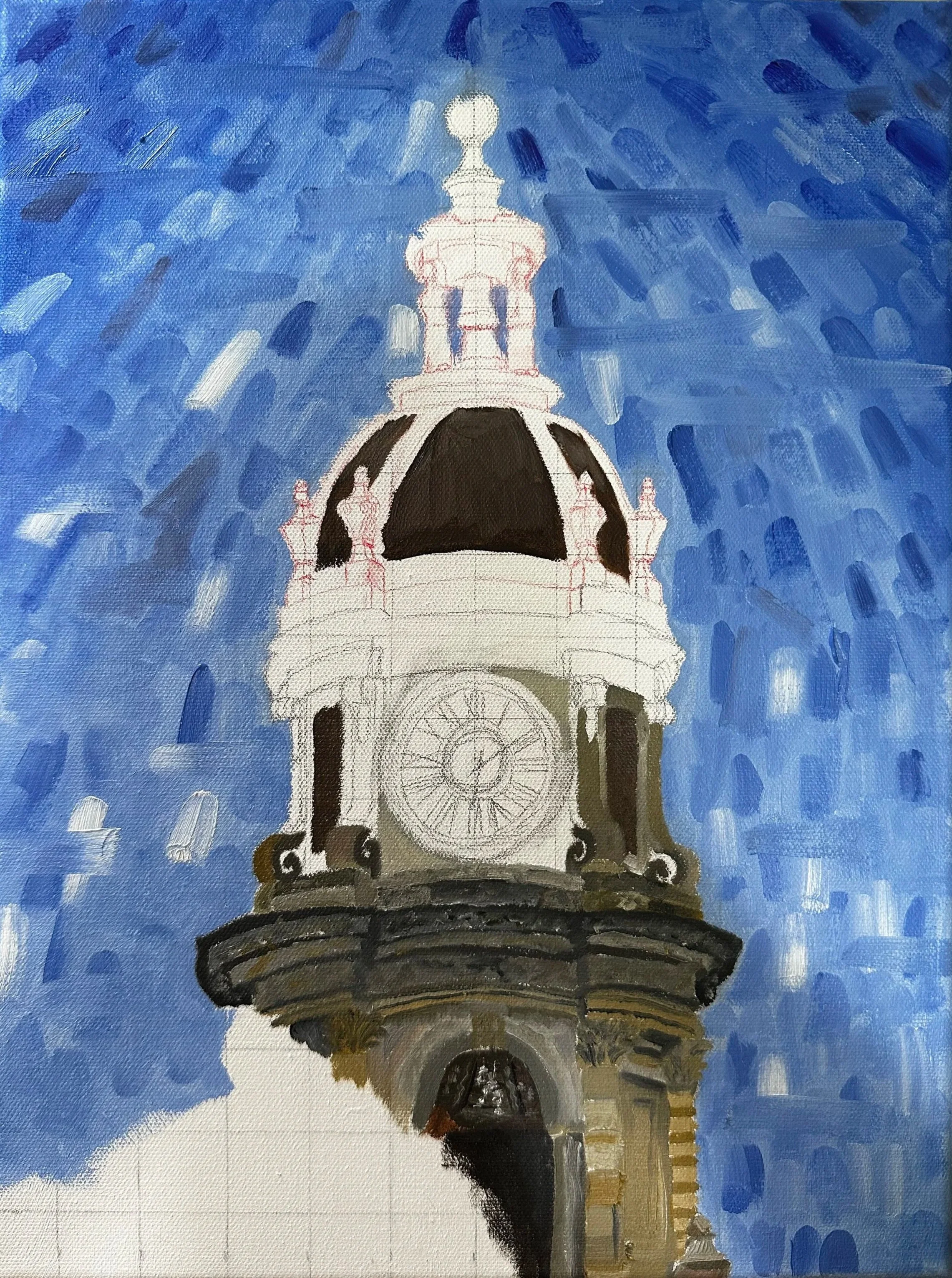 Painting of a lighthouse with a blue sky and white clouds in the background.