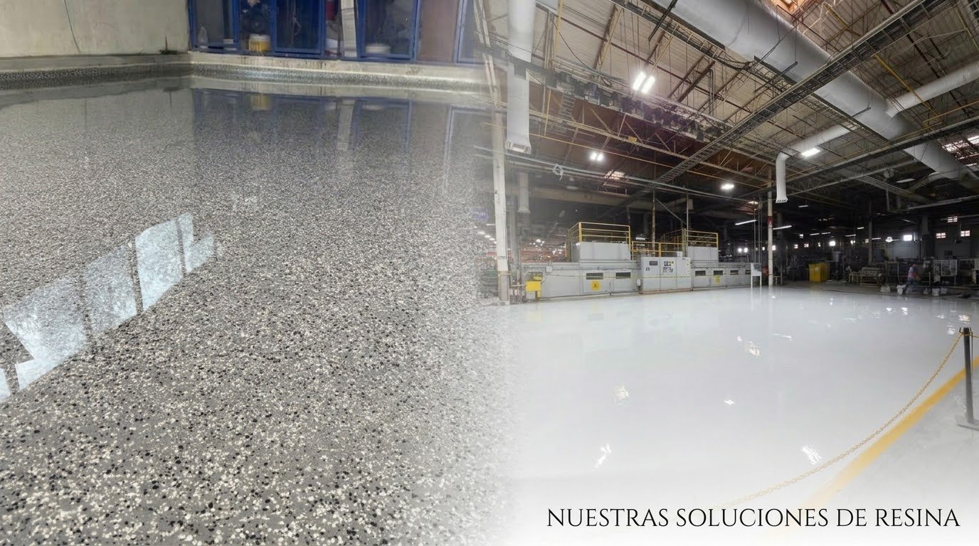 Imagen que muestra un lado de una superficie de resina vibrante y sucia, y el otro lado con una superficie de resina limpia y brillante, dentro de un taller industrial. Texto en la esquina inferior derecha: "NUESTRAS SOLUCIONES DE RESINA".