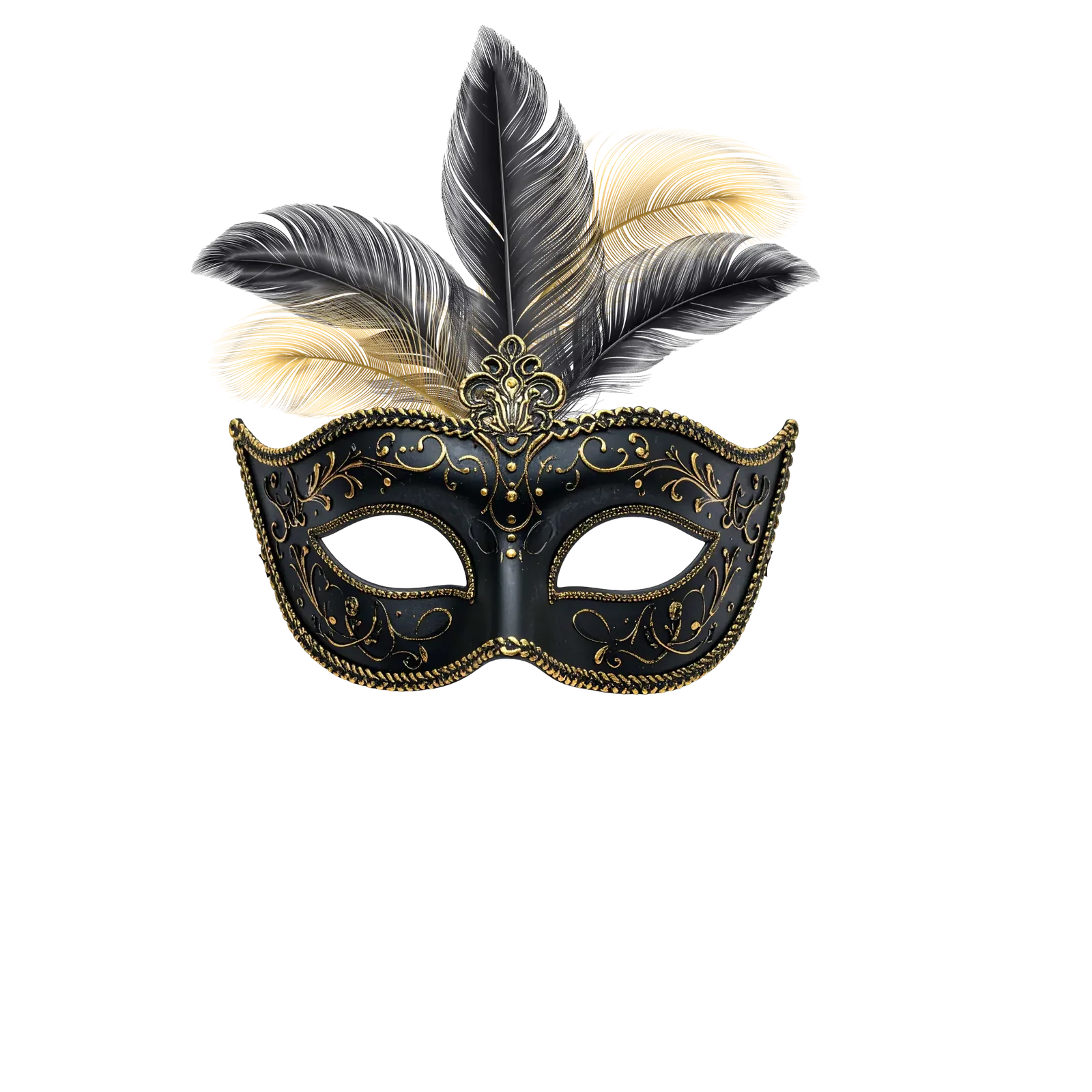An ornate black masquerade mask decorated with gold accents, intricate scrollwork, and three large feathers, two black and one gold.