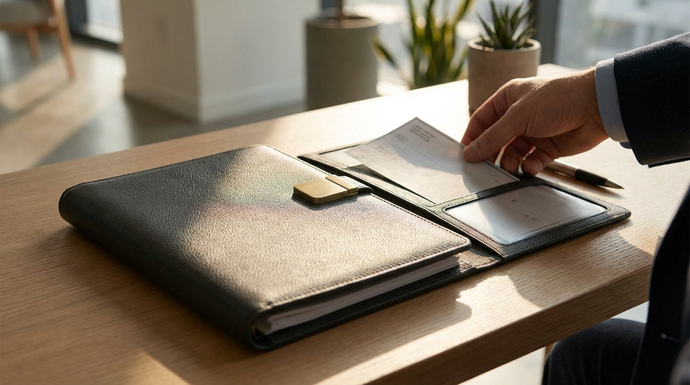 A person's hand opening a black leather-bound planner or organizer on a wooden desk, with a pen nearby and a potted plant in the background.