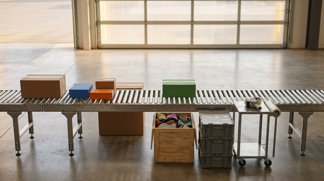 Une chaîne de montage avec des boîtes en carton et en plastique de différentes tailles et couleurs, agencées sur un tapis roulant.