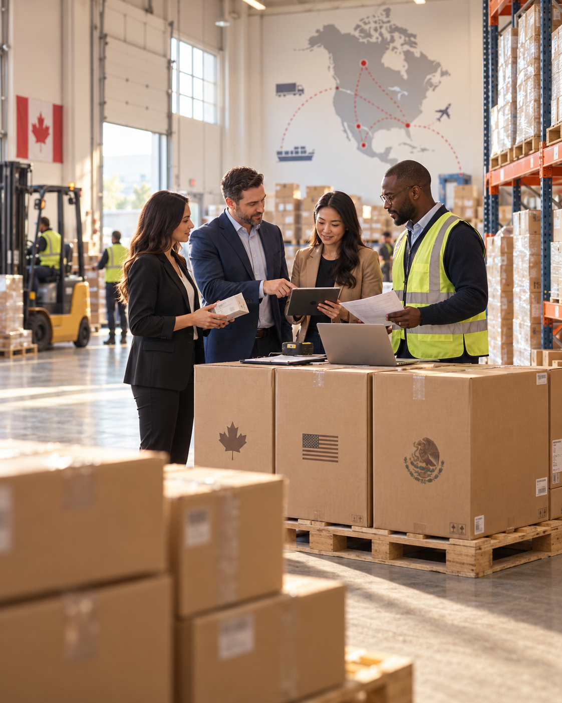 Groupe de personnes discutant dans un entrepôt logistique, avec des boîtes en carton, des palettes, un chariot élévateur et une carte du monde sur le mur