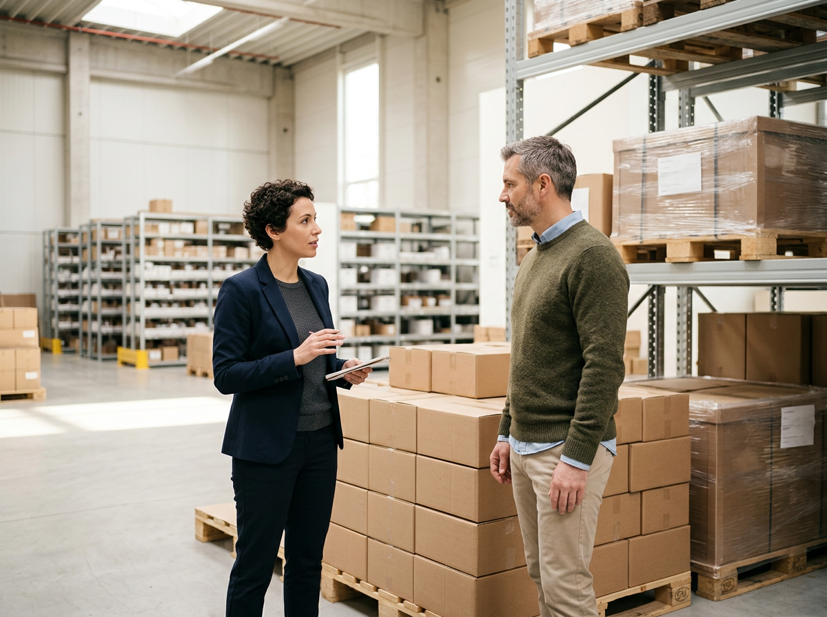 Une femme et un homme discutent dans un entrepôt avec des étagères remplies de cartons et de palettes.