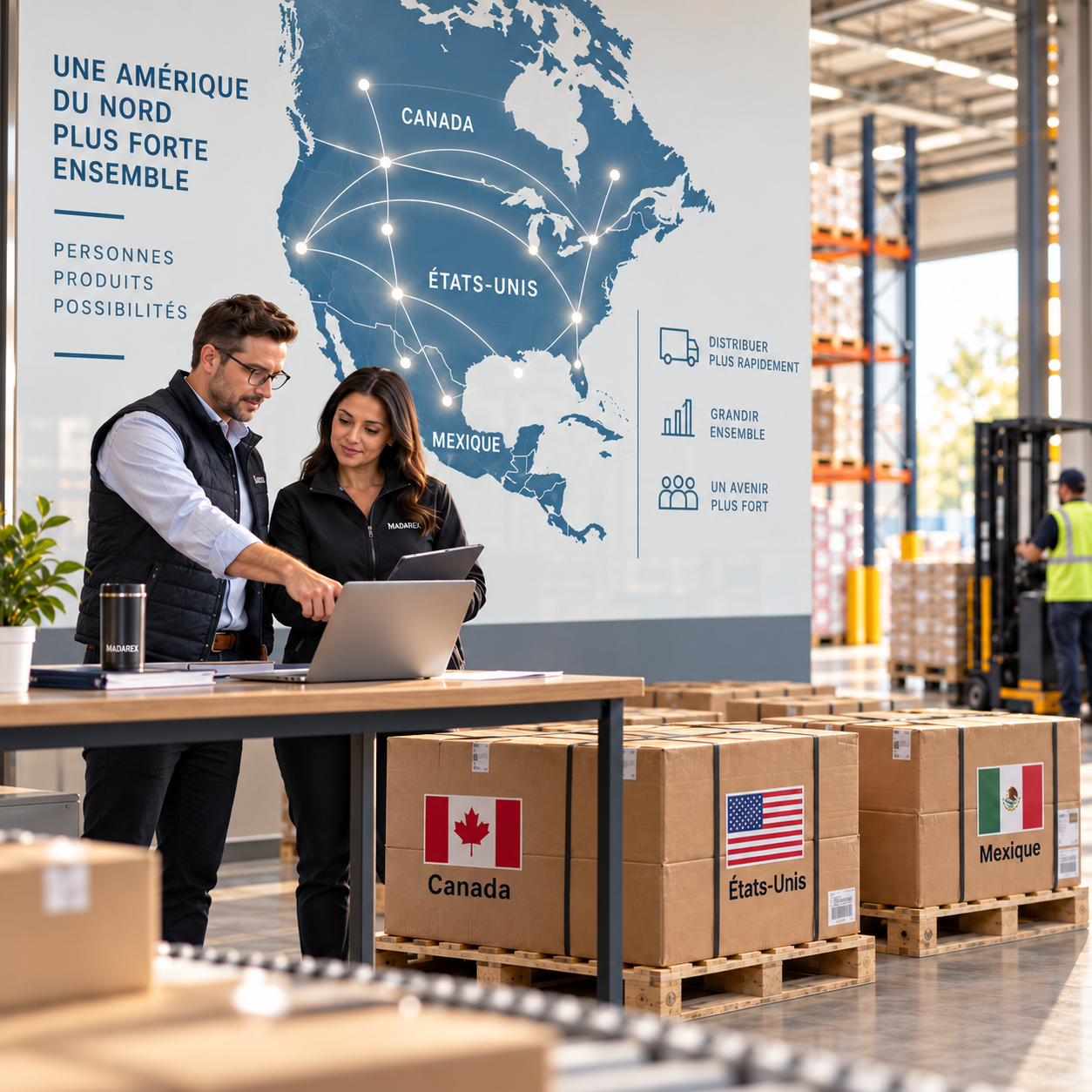 Deux personnes discutant devant un tableau sur un mur montrant une carte avec des lignes reliant le Canada, les États-Unis et le Mexique, dans un entrepôt avec des palettes et des cartons portant des drapeaux du Canada, des États-Unis et du Mexique.