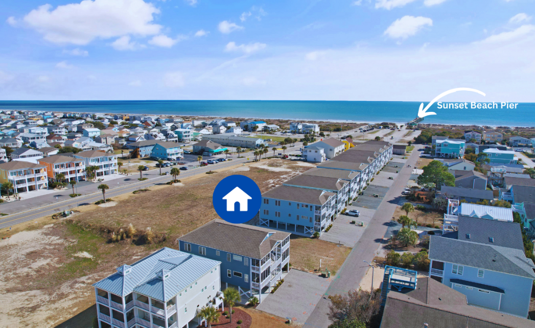 Aerial map of the Sol Mar neighborhood in Sunset Beach, NC, marking the property's location near Sunset Beach Pier