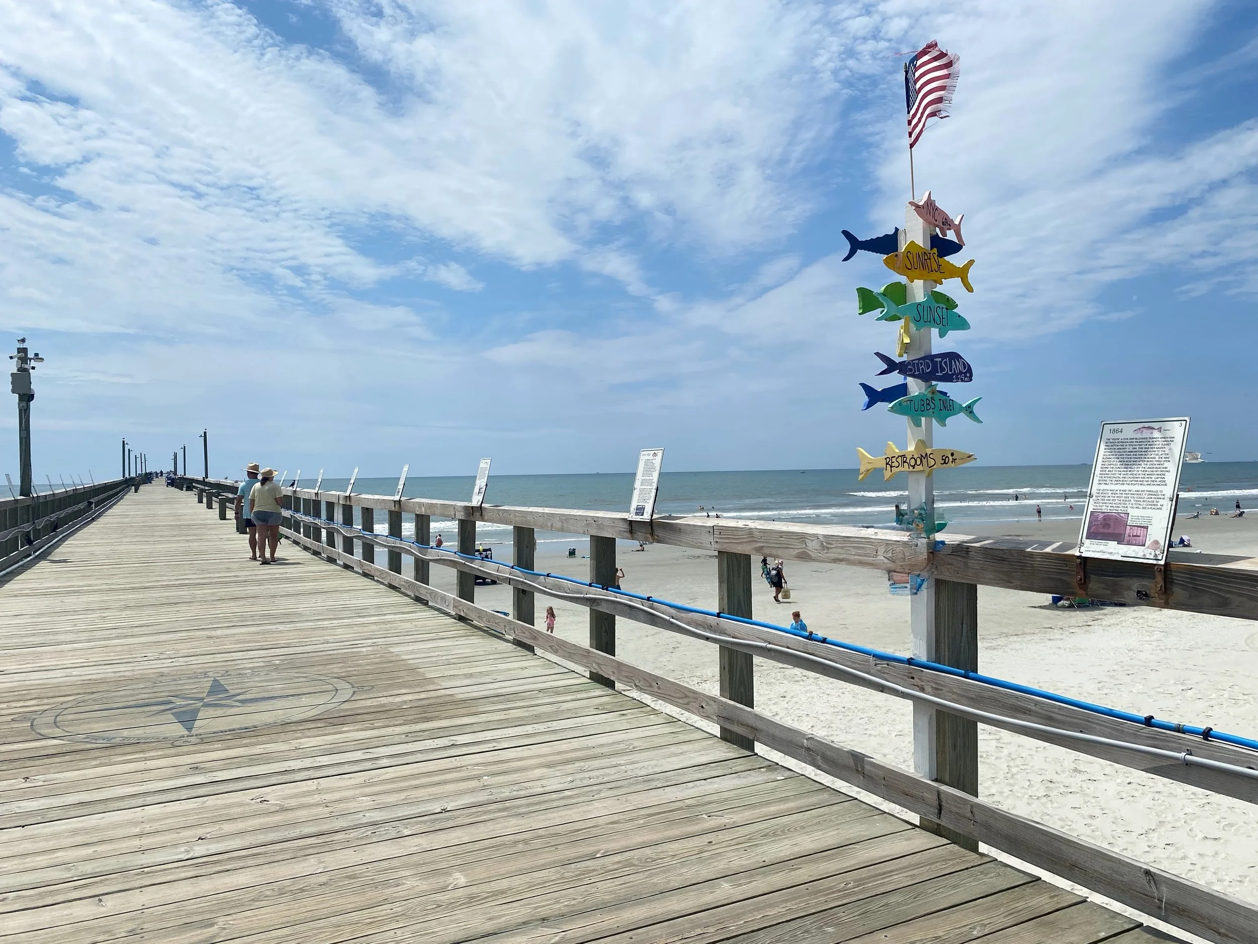 Fish-shaped signpost on Sunset Beach Pier pointing to local landmarks, with beachgoers walking below