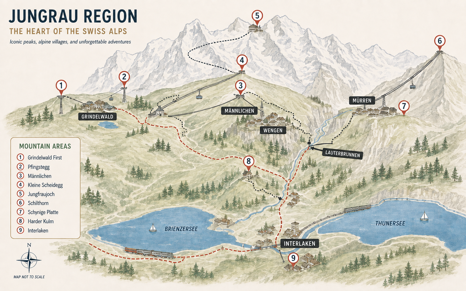 Map of the Jungrau Region in the Swiss Alps showing mountain areas, peaks, villages, lakes, and transportation routes with numbered points of interest and key locations.