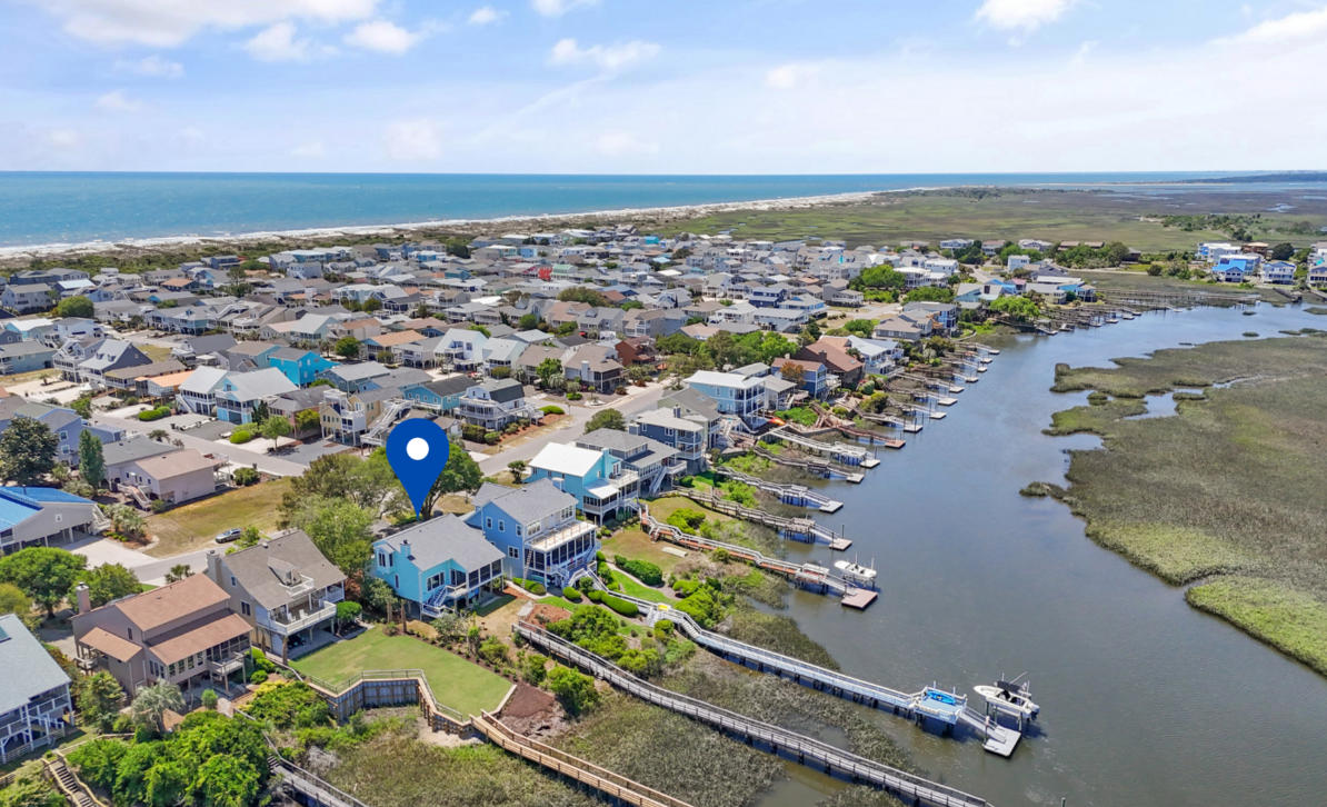 Aerial view of El Sol's neighborhood in Sunset Beach, NC, along the canal near the beach