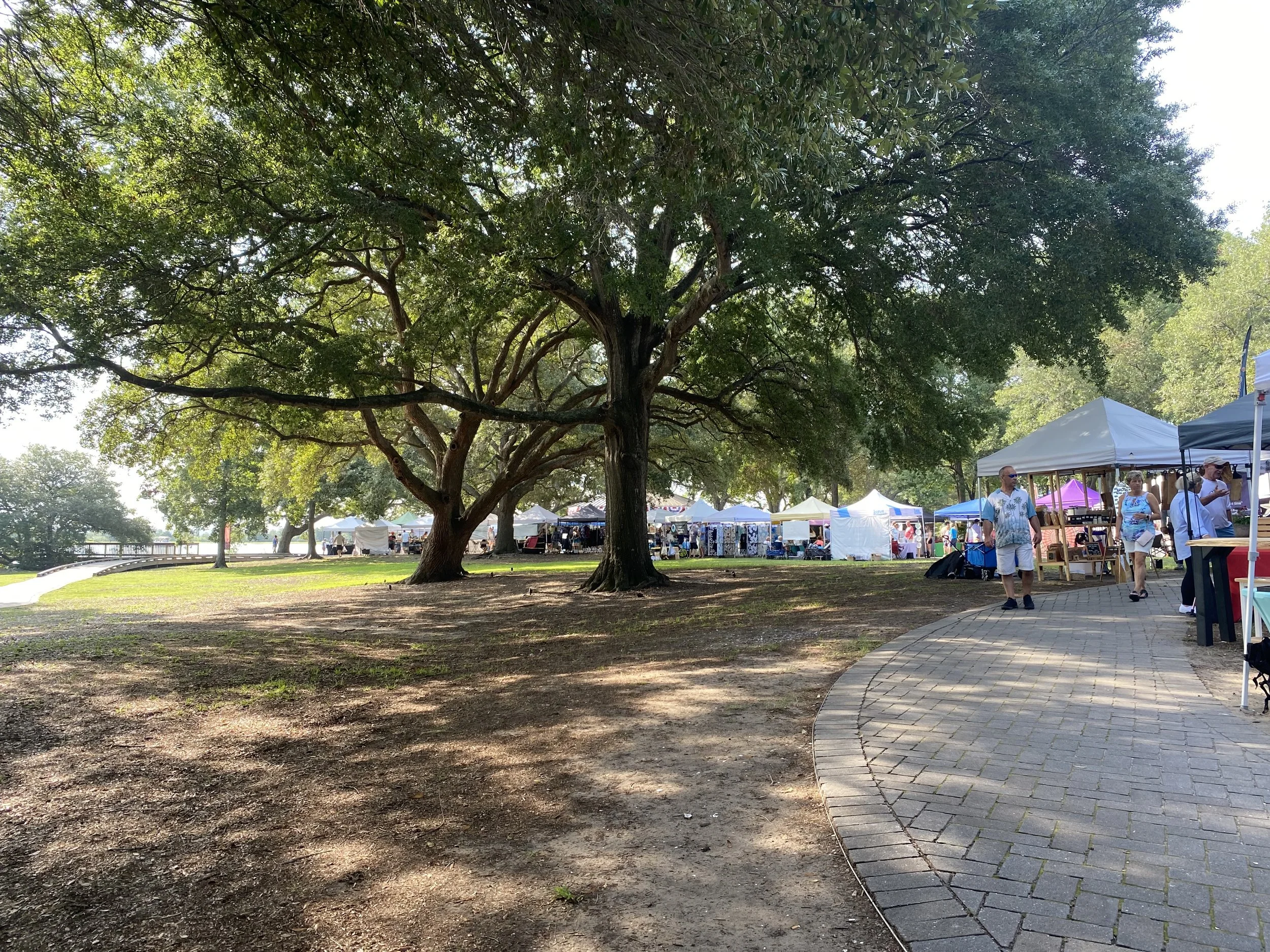 Outdoor market with tents set up under a large tree in the Sunset Beach waterfront park