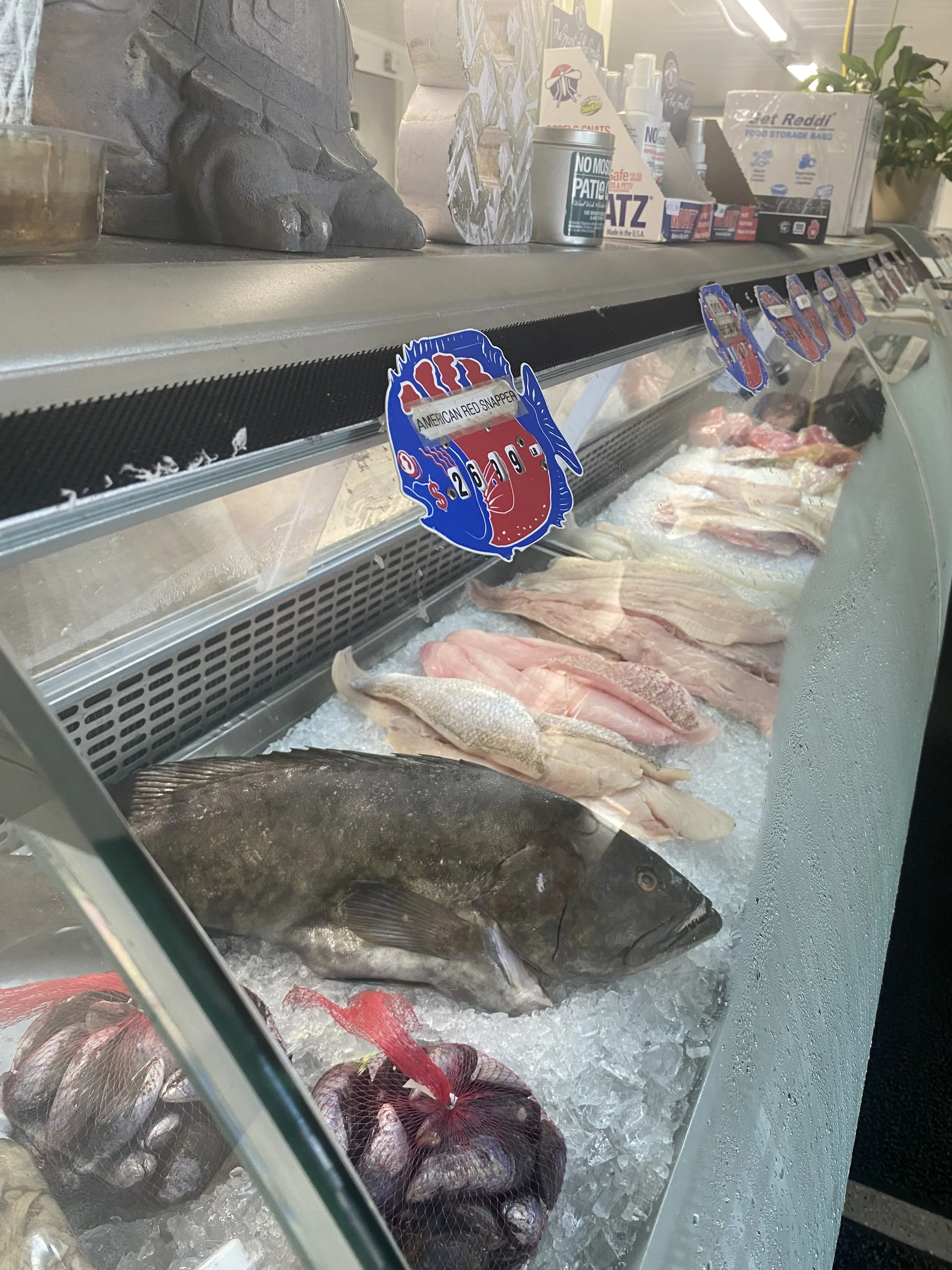 Fresh seafood on ice at a local market near Sunset Beach, NC.