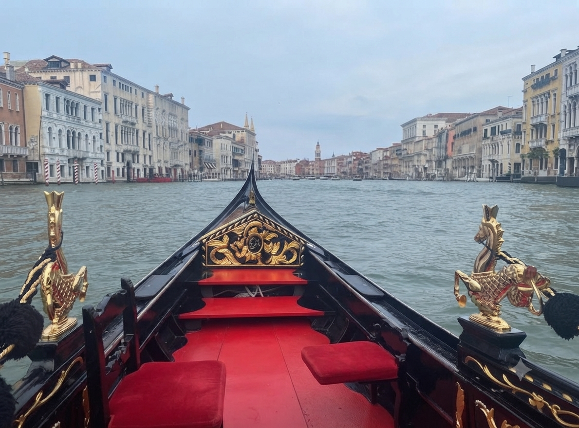 View from a gondola gliding down a canal in Venice, Italy, with historic buildings on either side.
