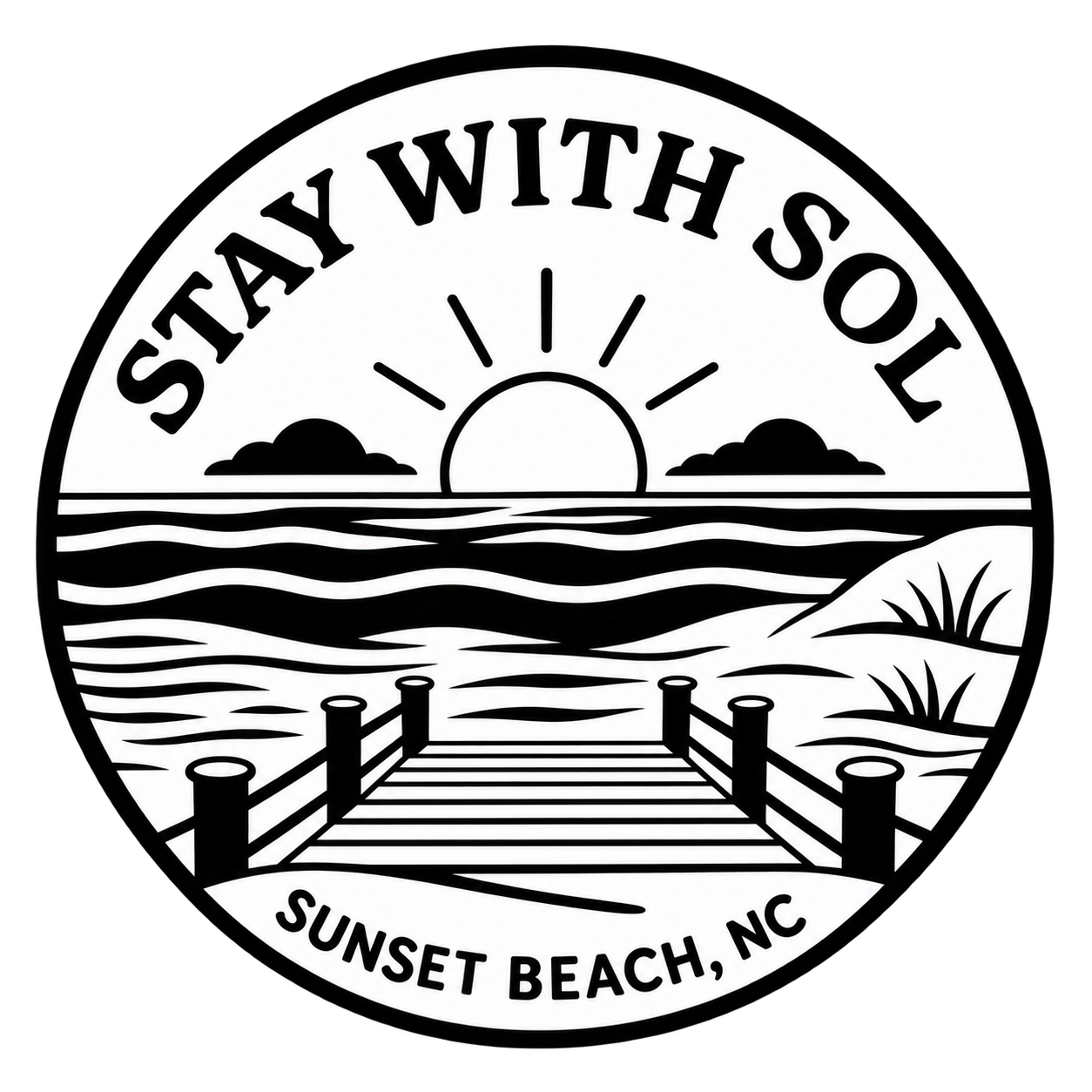 Stay with Sol logo badge featuring a dock, sun, and waves, with the text 'Stay with Sol, Sunset Beach, NC.