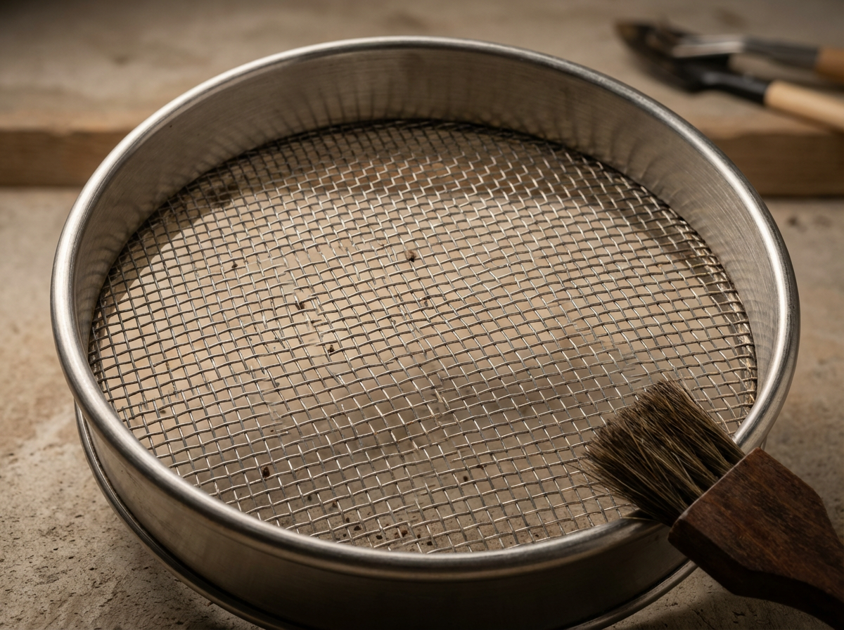 Stainless steel sieve with a wooden-handled brush resting on the edge, placed on a concrete surface with tools in the blurred background.