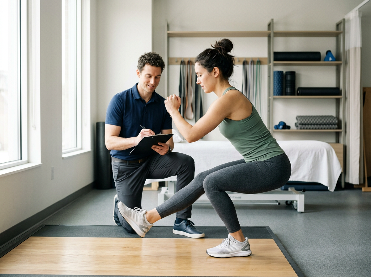 A woman performs a squat exercise under the supervision of a trainer in a gym room with fitness equipment on shelves in the background.