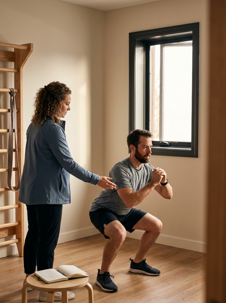 A man doing a squat exercise in a room with a window, supervised by a woman, with a wooden wall-mounted exercise bar and a small wooden table with an open book nearby.