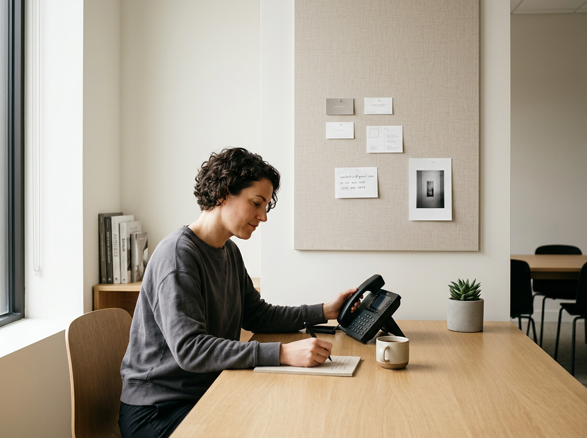 A woman sitting at a wooden desk, on a landline phone, writing in a notebook with a mug beside her and a small potted plant, in an office with a corkboard on the wall.
