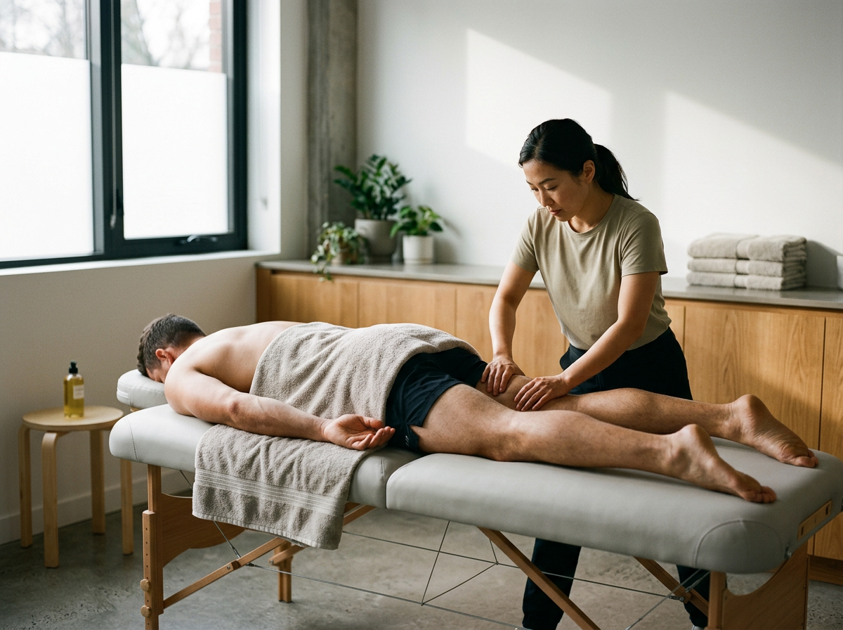 A woman performs massage therapy on a man lying face down on a massage table in a bright room with large windows and potted plants.