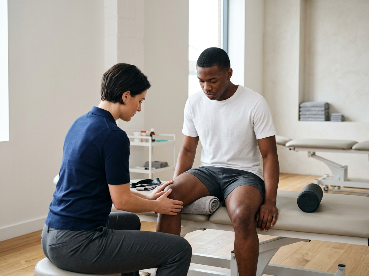 A physical therapist examining a patient's knee in a clinical setting with exercise equipment in the background.