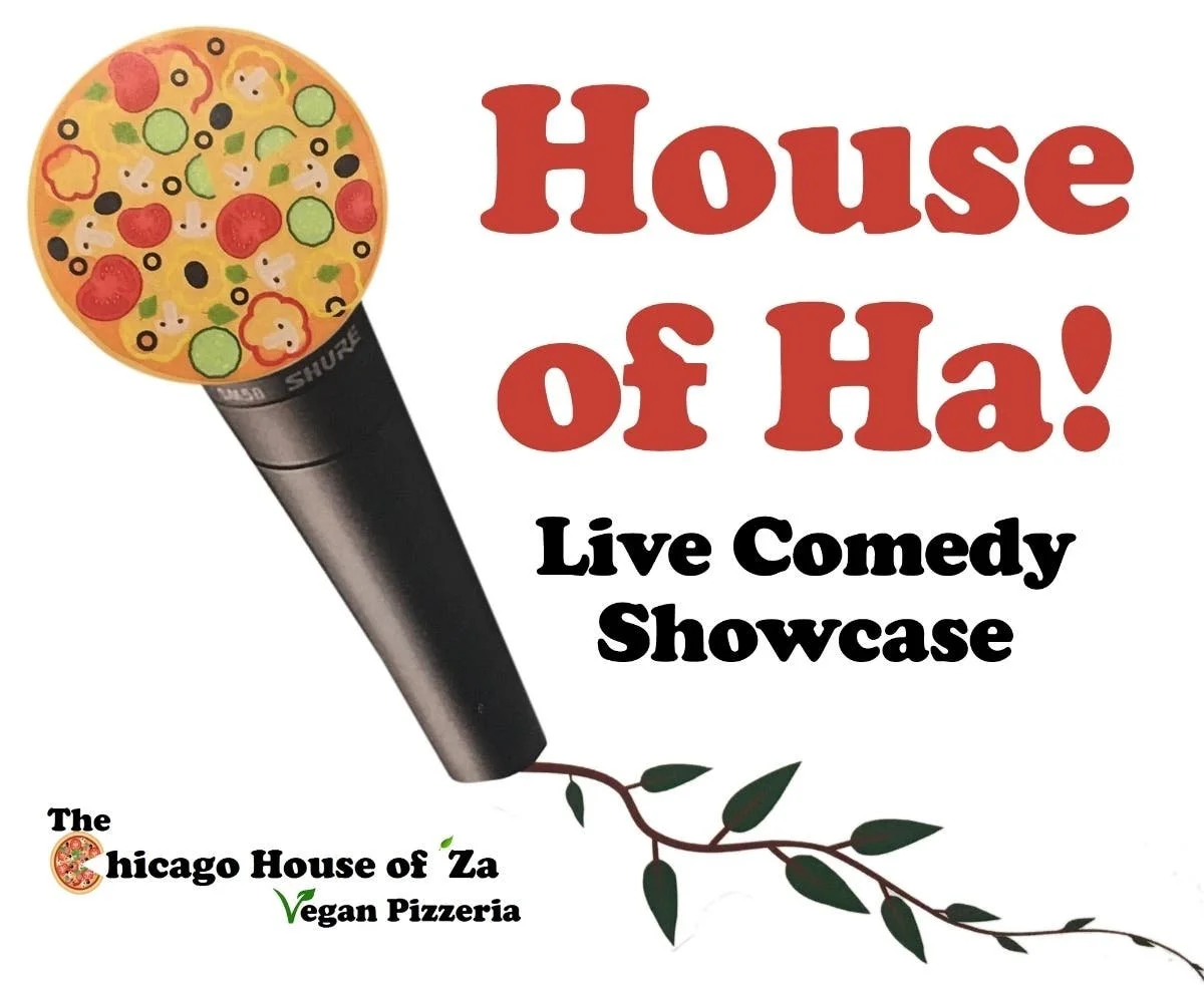 House of Ha Standup Showcase at House of Ha Chicago: A microphone has a pepperoni pizza on it and a trail of herbs for its wire.