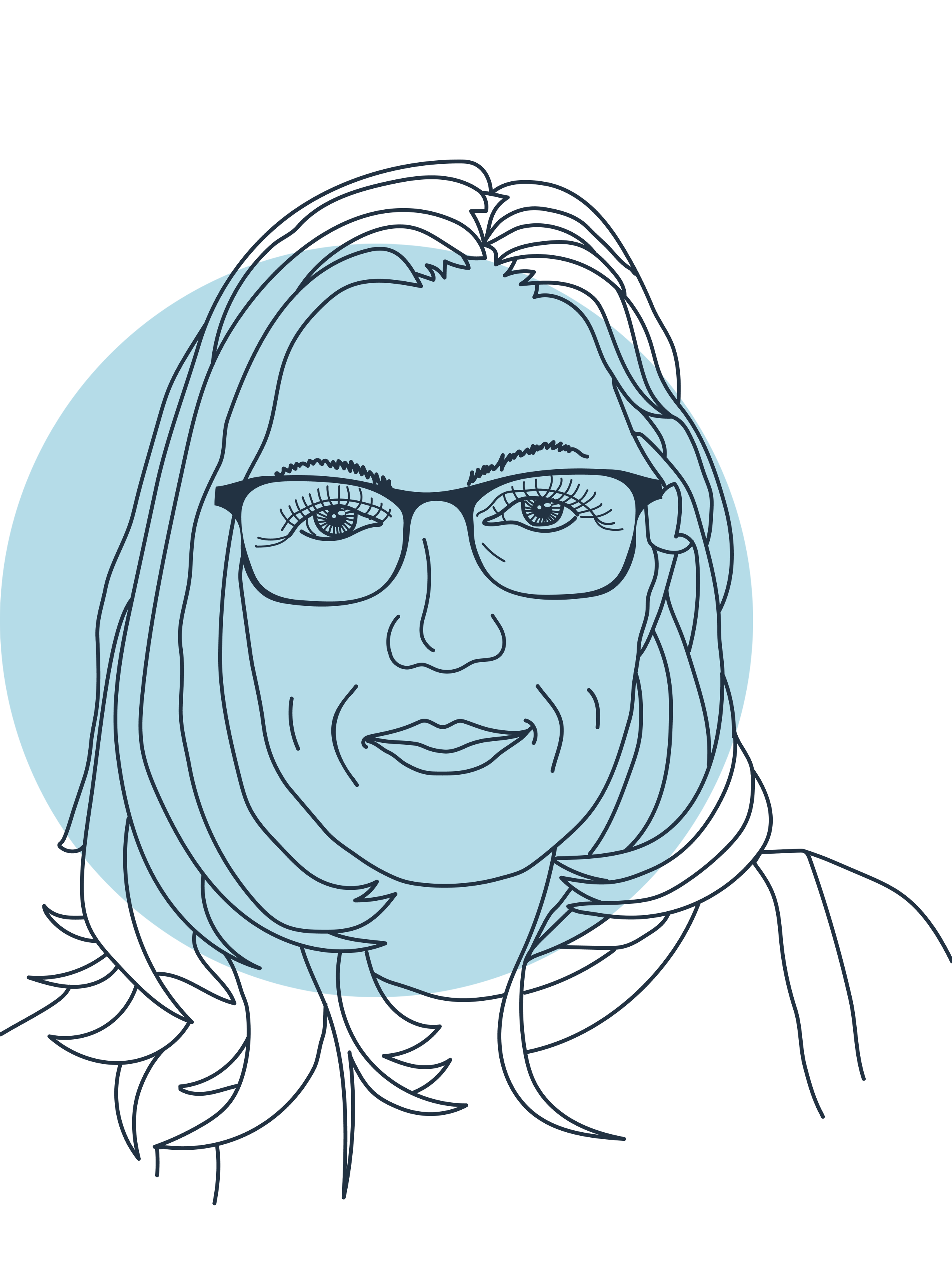 Line drawing of a smiling woman with glasses, medium-length hair, and a collared shirt on a black background.