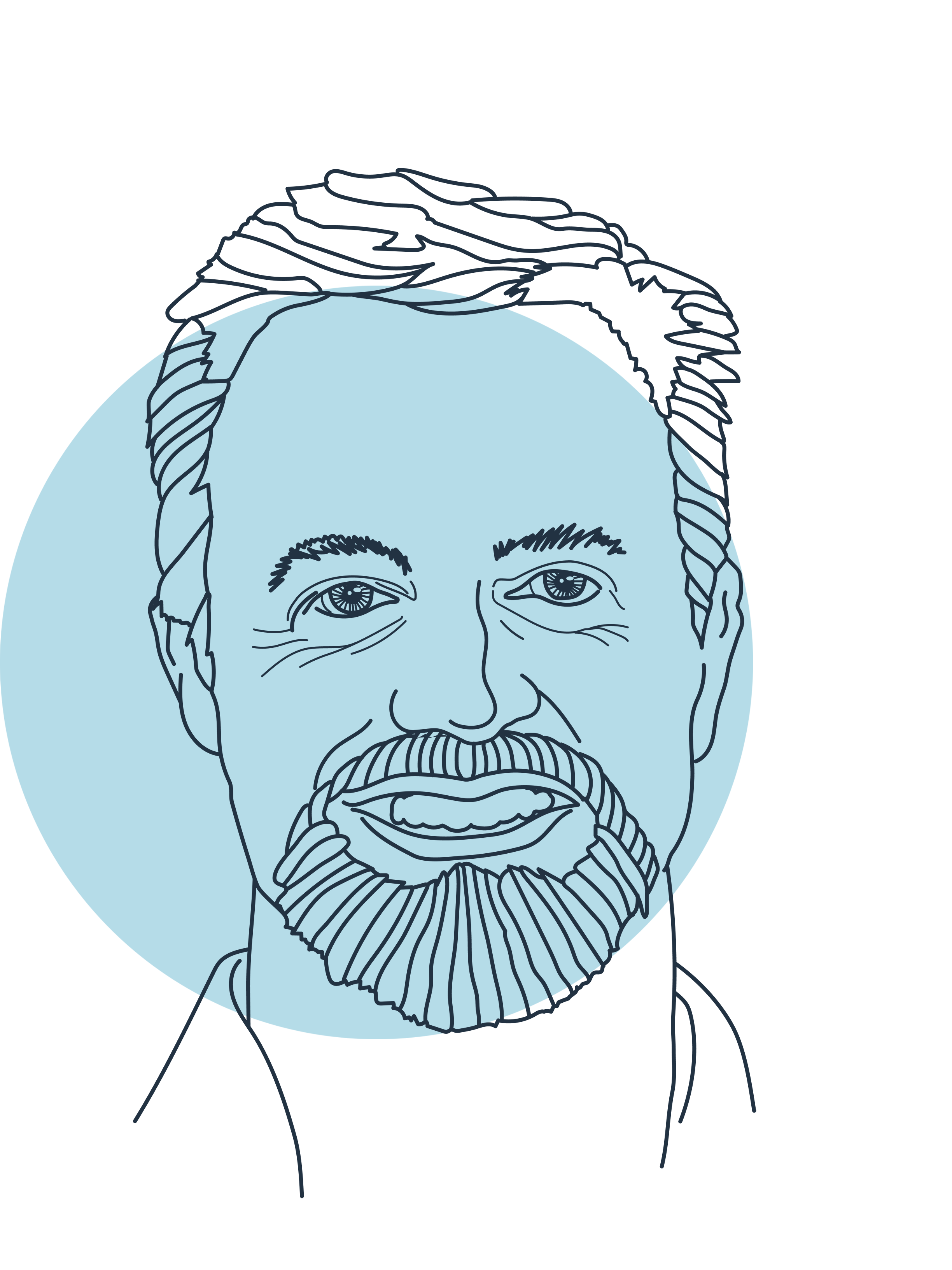 A digital line drawing of a man with a beard and mustache, wearing earphones, with a halo behind his head.