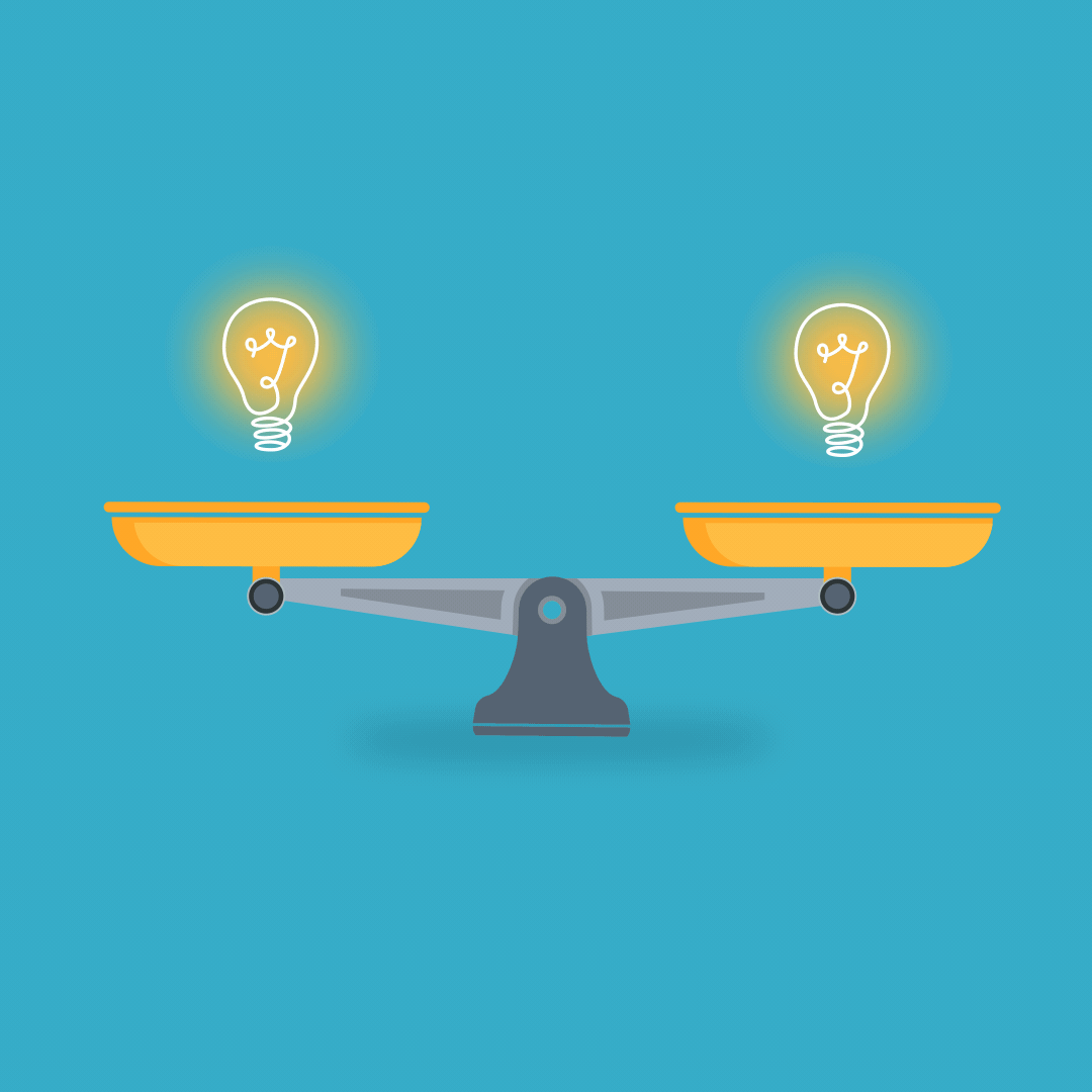 Blum Consulting Partners. Balanced scale with two light bulbs on each side, symbolizing weighing ideas or innovation.