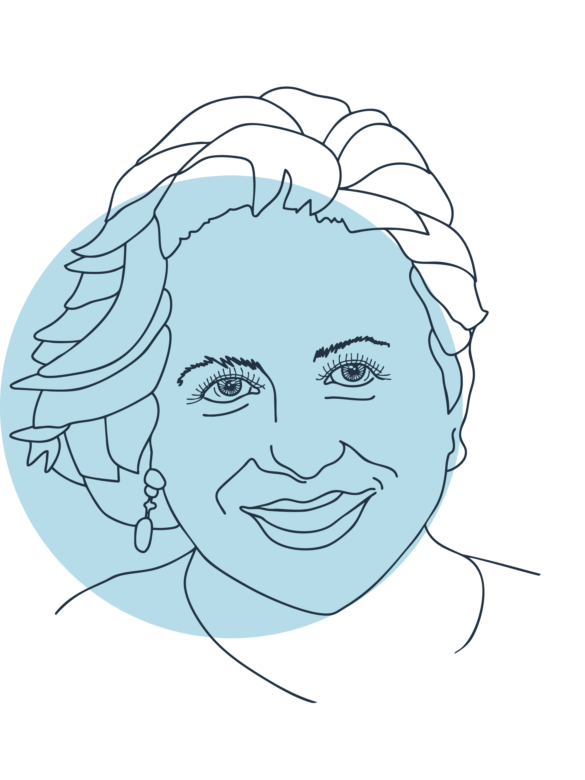 Line art of a woman's face with detailed eyes and lips, surrounded by leaves and flowers, on a circular light blue background.
