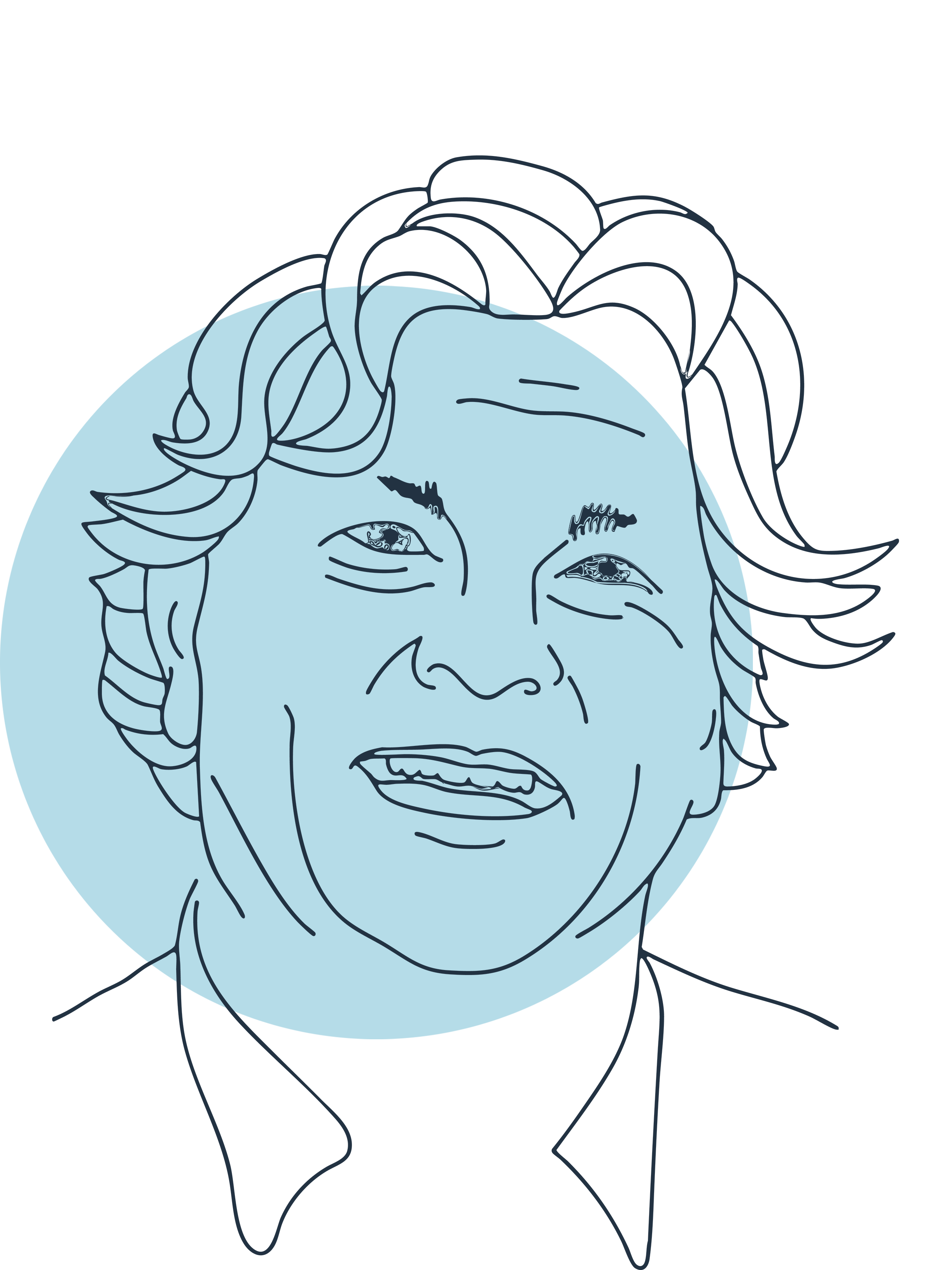 Line art illustration of a smiling person's face with short, curly hair, set against a circular background. The drawing emphasizes facial features with minimal color.