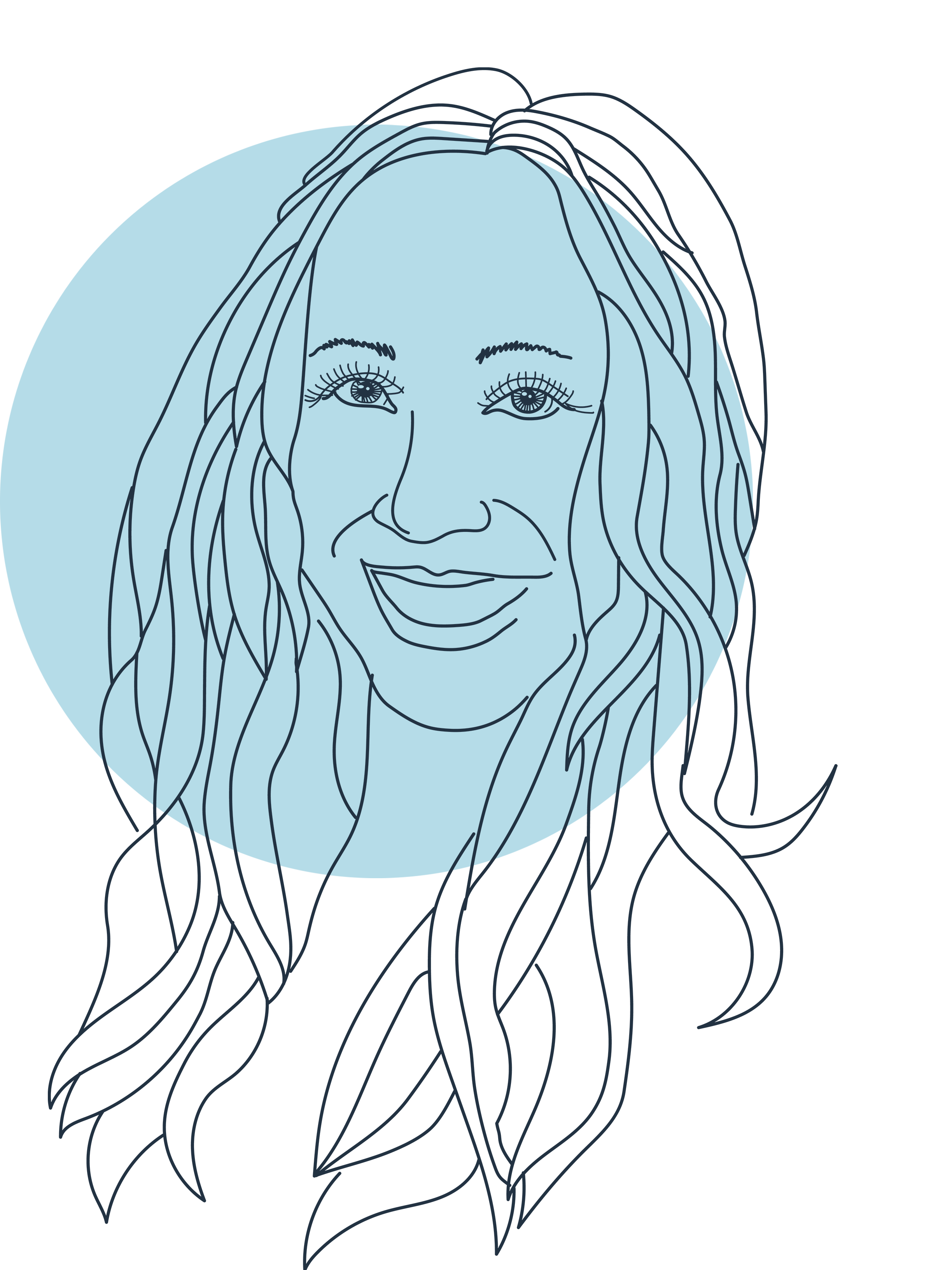 A digital line drawing of a woman with long hair, smiling, superimposed on a light blue circle with a black background.