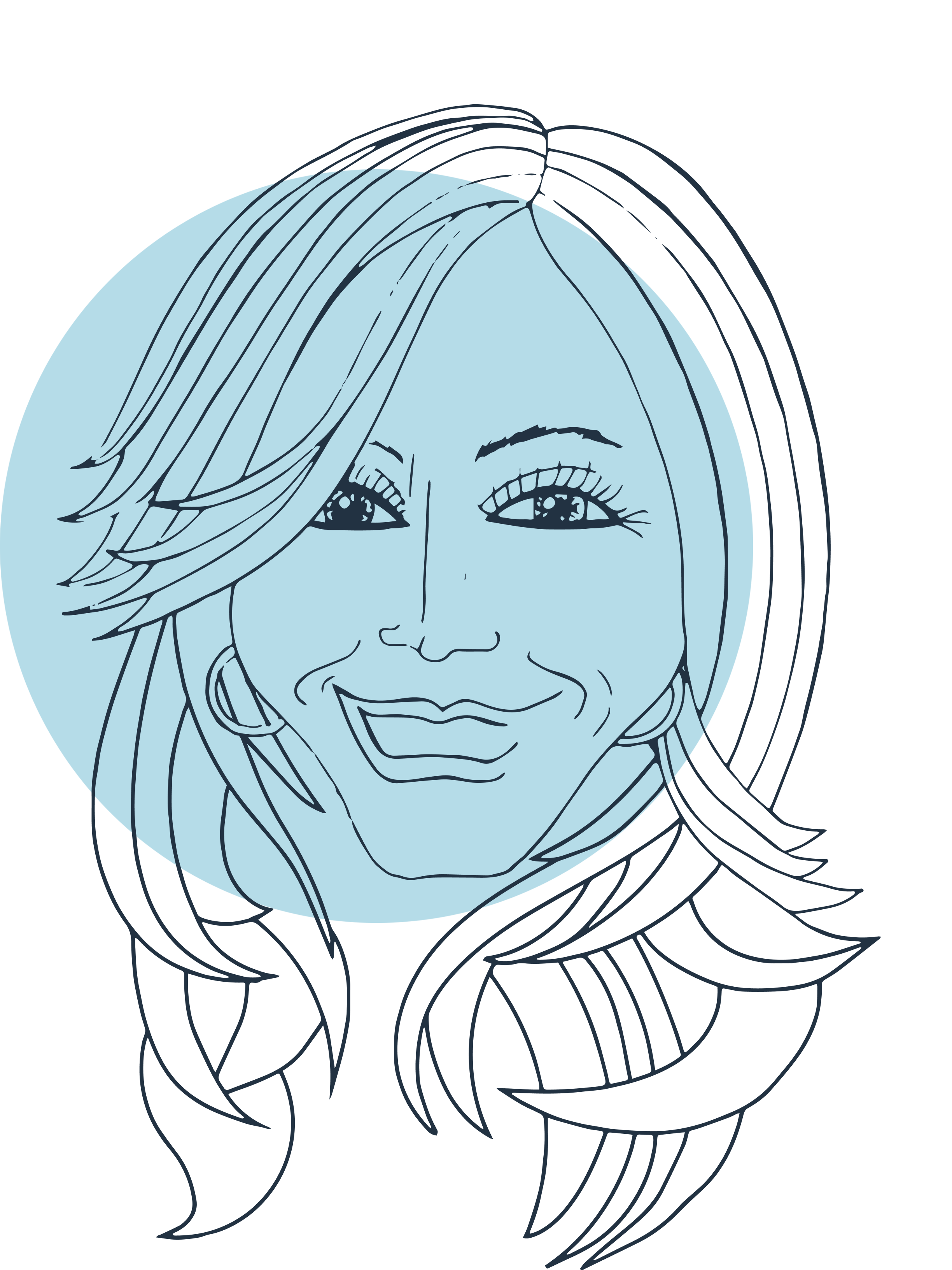 Line drawing of a smiling woman with long hair on a circular background.