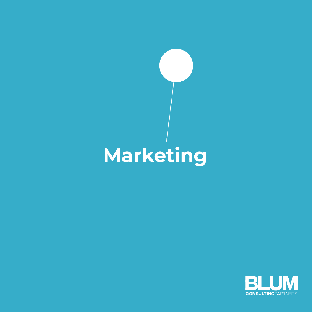 Blum Consulting Partners. Blue background with a white circle connected by a line to the word 'Marketing' in white text. 'BLUM Consulting Partners' in white text at the bottom right corner.